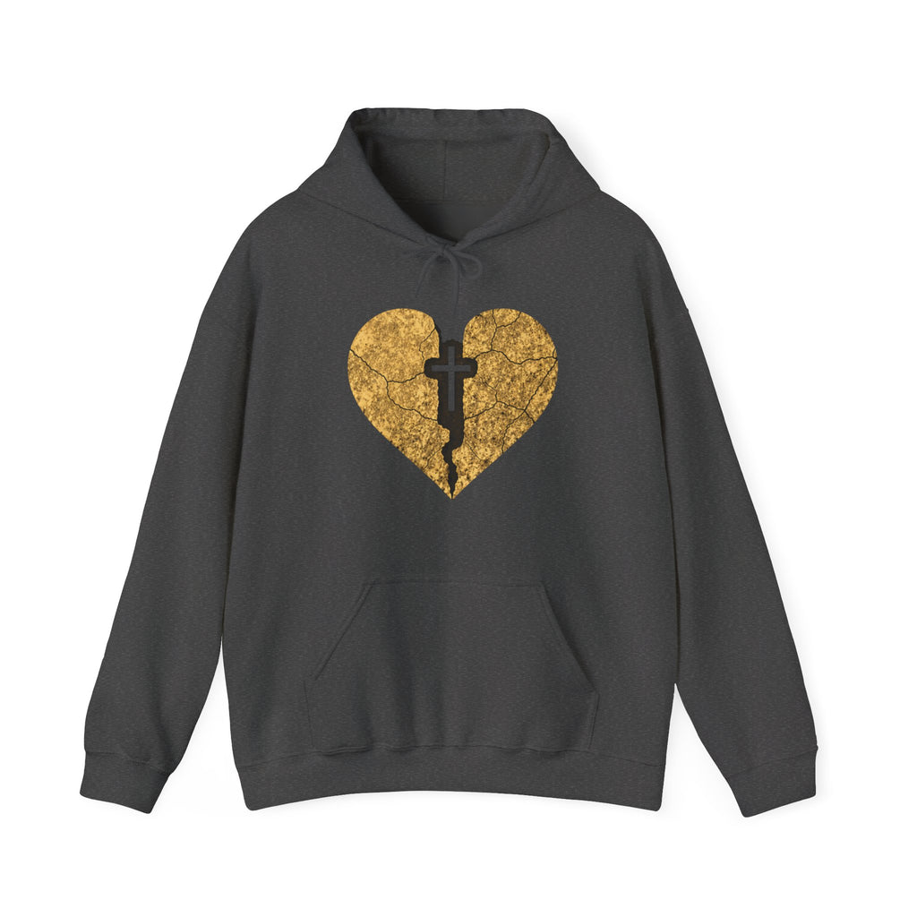 Mens Broken Gold Heart Cross Hoodie — Christian Faith Graphic Sweatshirt
