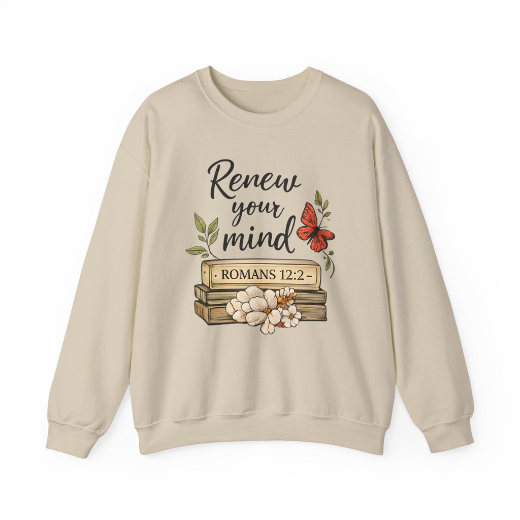 Womens Crewneck Sweatshirt - "Renew Your Mind" Romans 12:2 Floral Christian Pullover