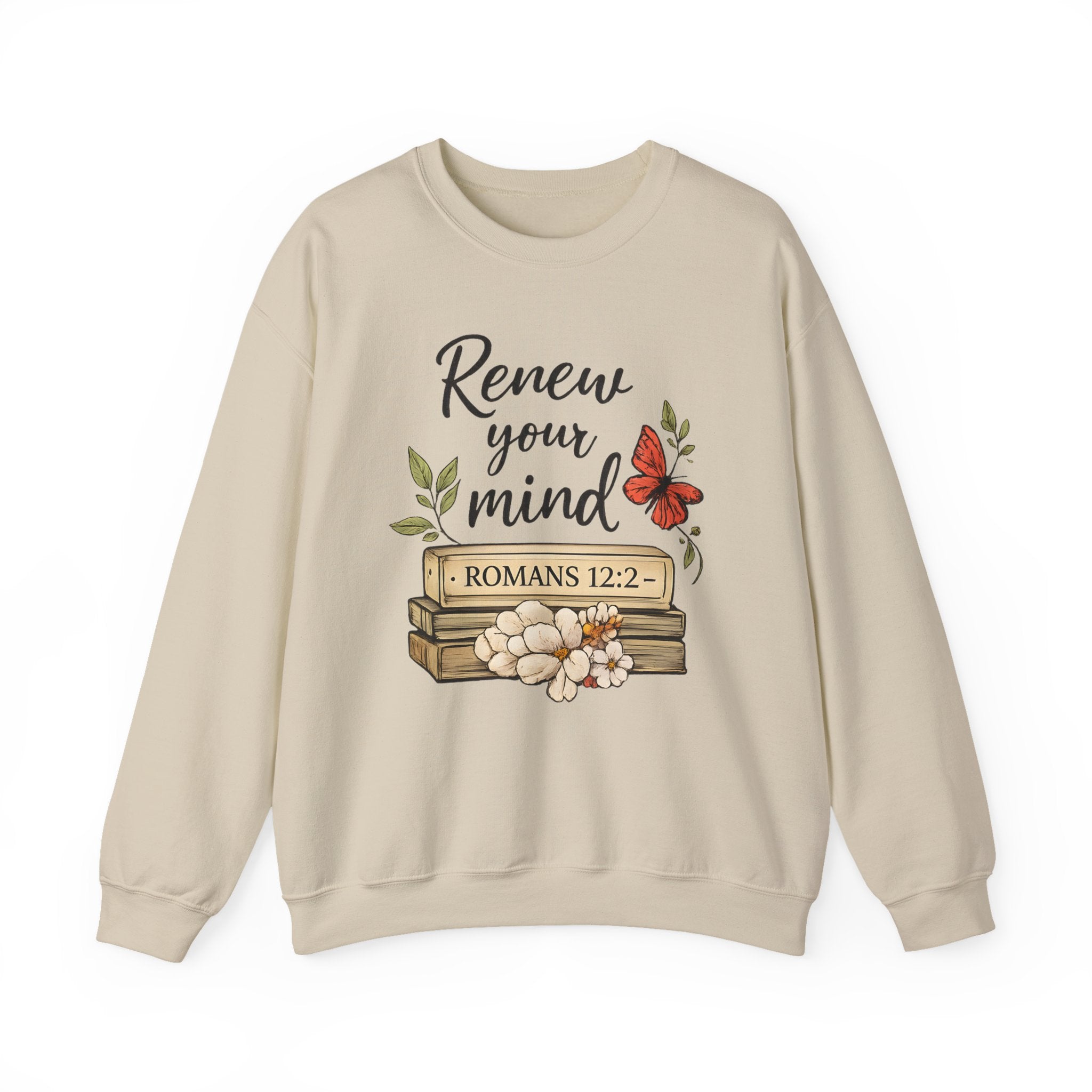Womens Crewneck Sweatshirt - "Renew Your Mind" Romans 12:2 Floral Christian Pullover