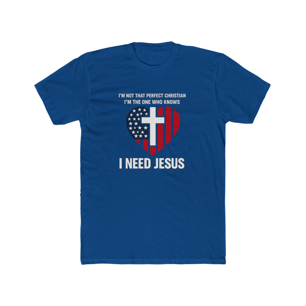 Mens Patriotic Heart Cross Tee  “I Need Jesus” Christian Flag T-Shirt