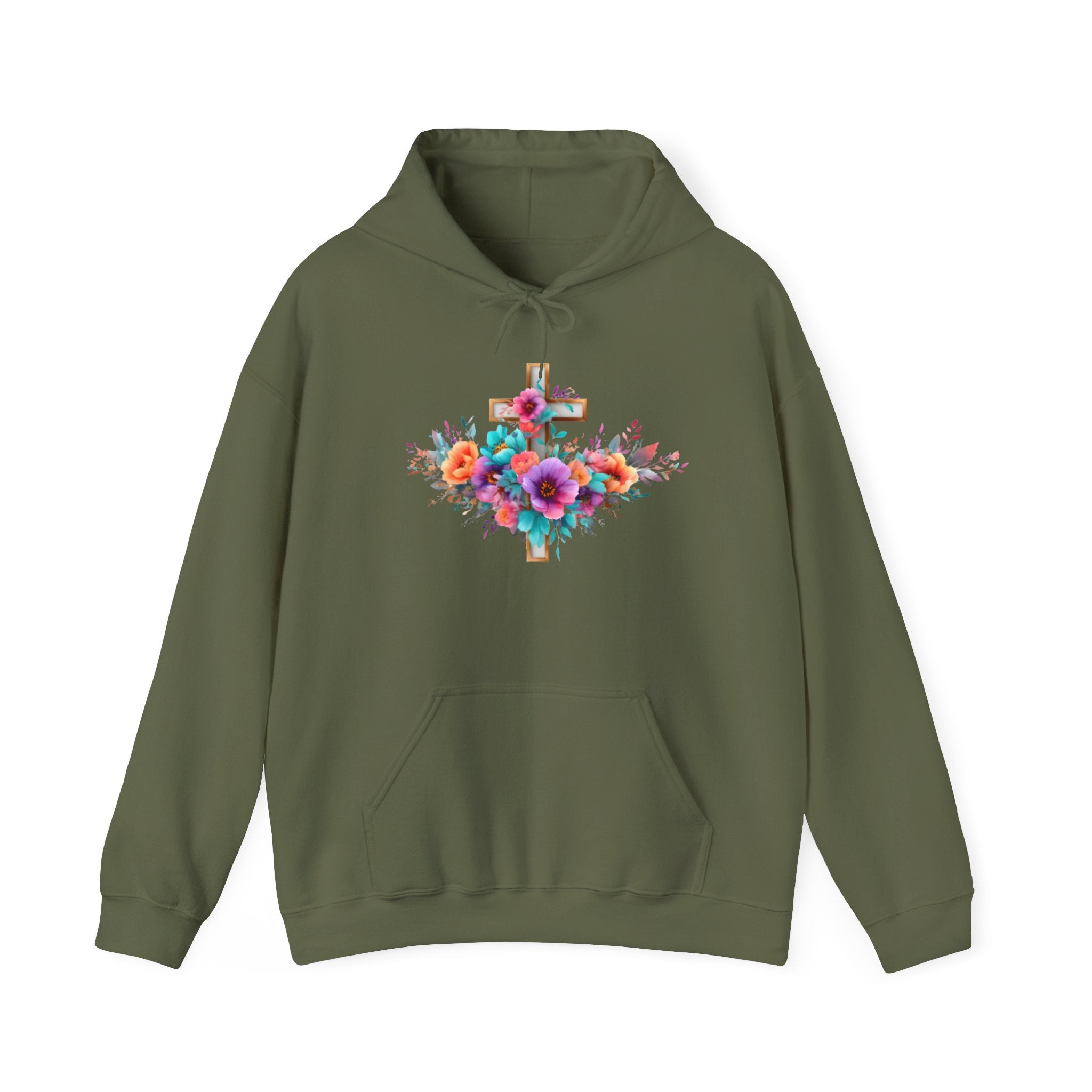 Floral Cross Hoodie – Colorful Watercolor Flowers Religious Sweatshirt