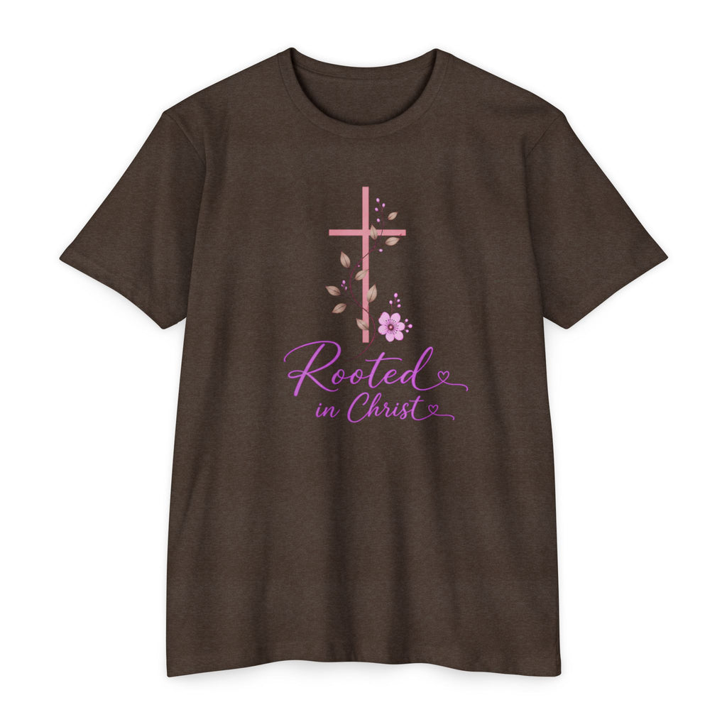 Womens Rooted in Christ Bible and Cross T-shirt | Christian Faith Tee