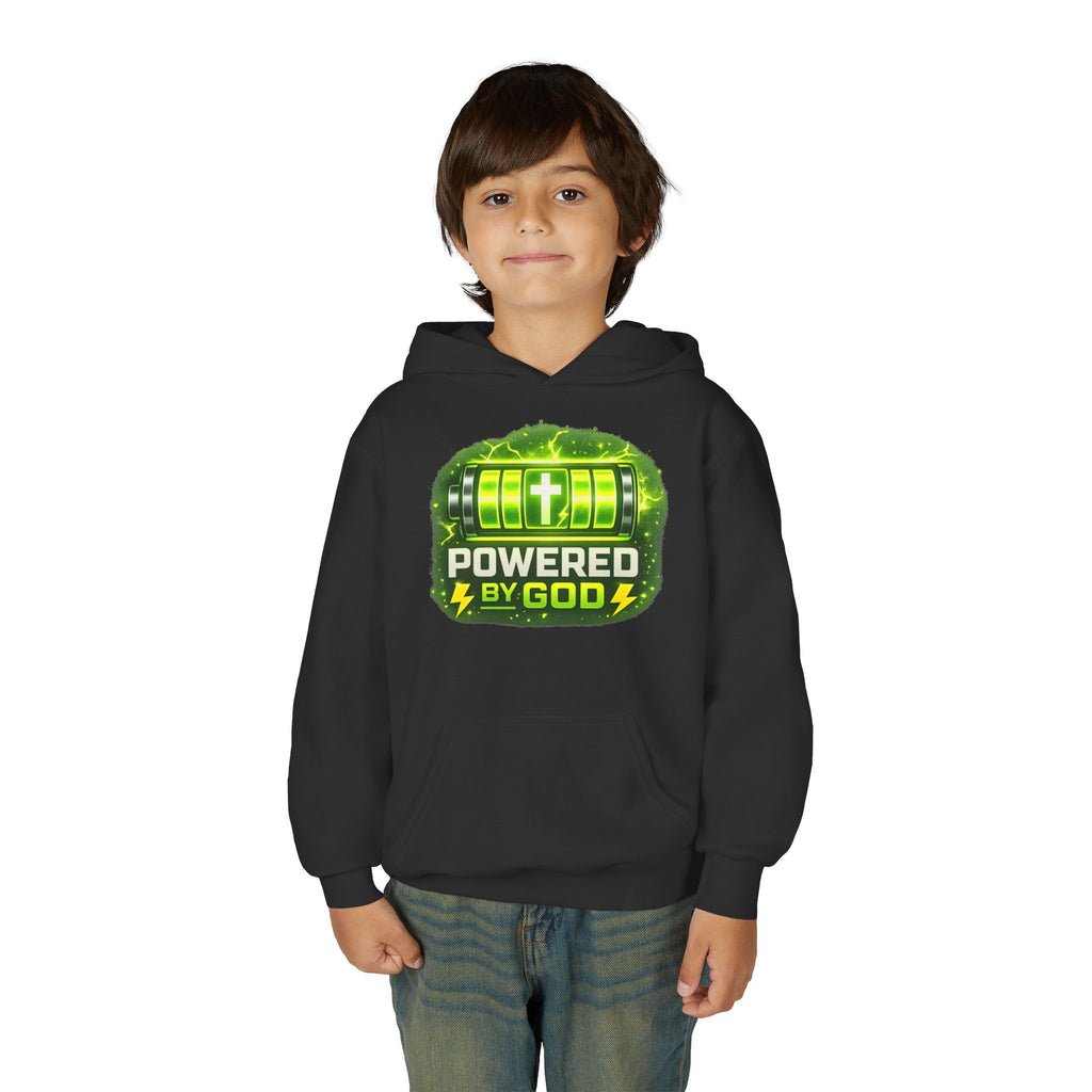 Youth Hoodie — "Powered by God" Green Battery Christian Sweatshirt