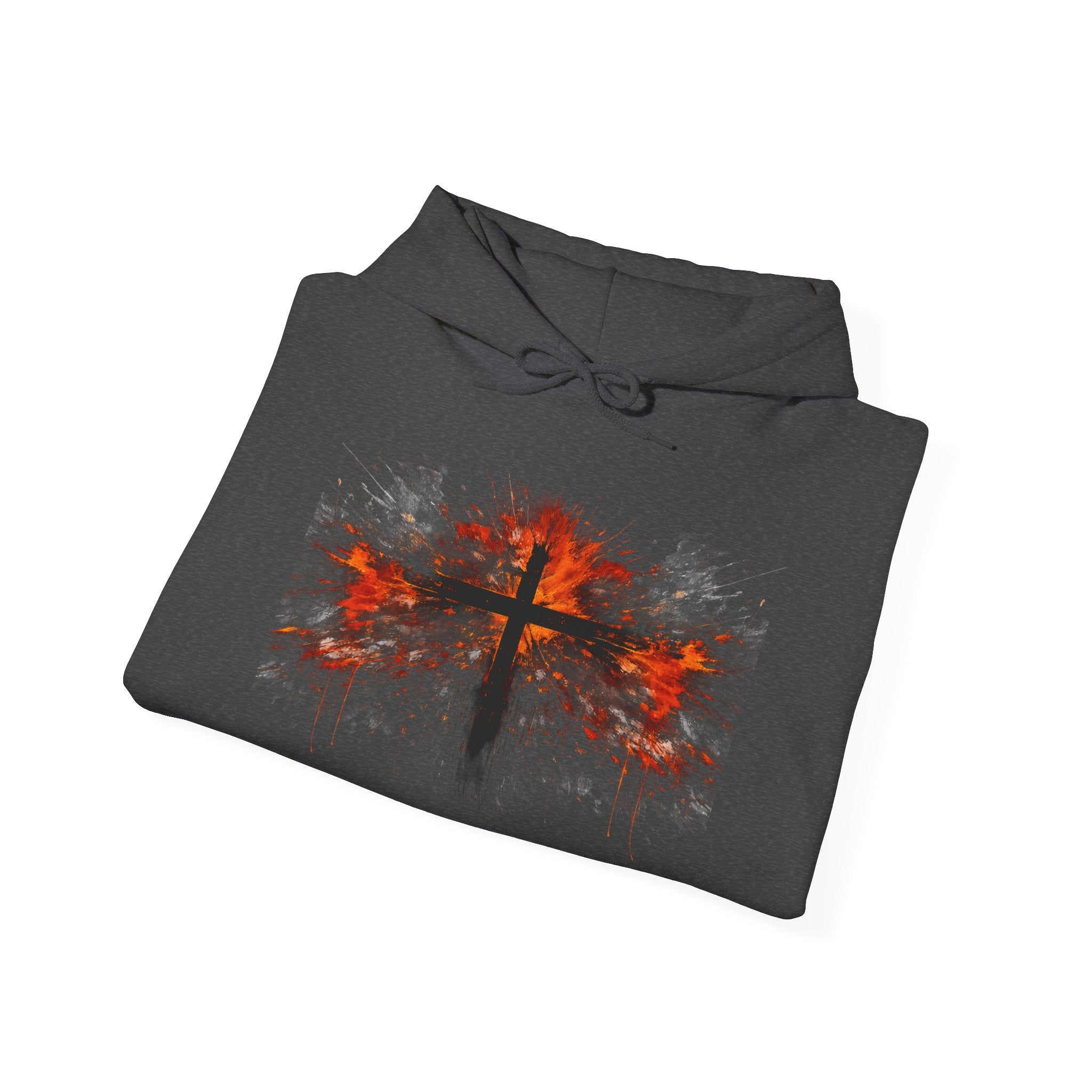 Mens Christian Cross Hoodie — Grunge Red & Black Faith Pullover