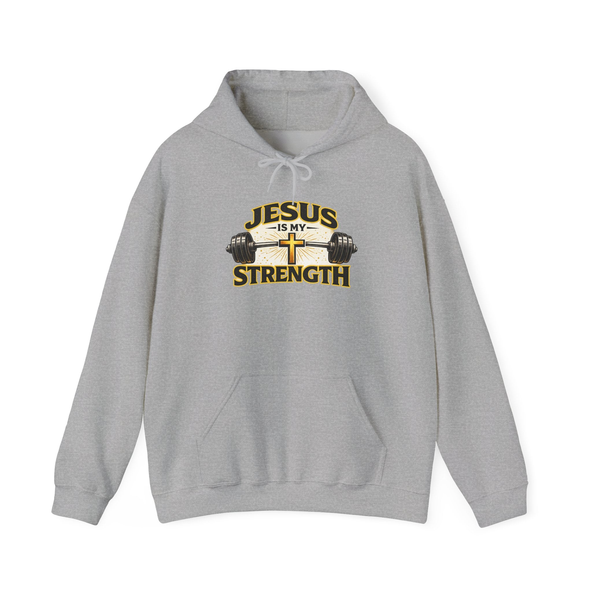 Mens Jesus Is My Strength Hoodie — Christian Faith Cross & Barbell Pullover