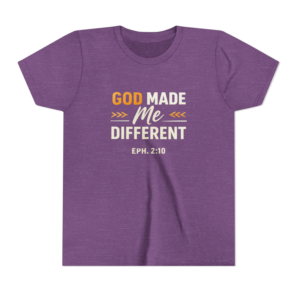 Girls Youth Tee – "God Made Me Different" Christian Kids T‑Shirt (Eph. 2:10)