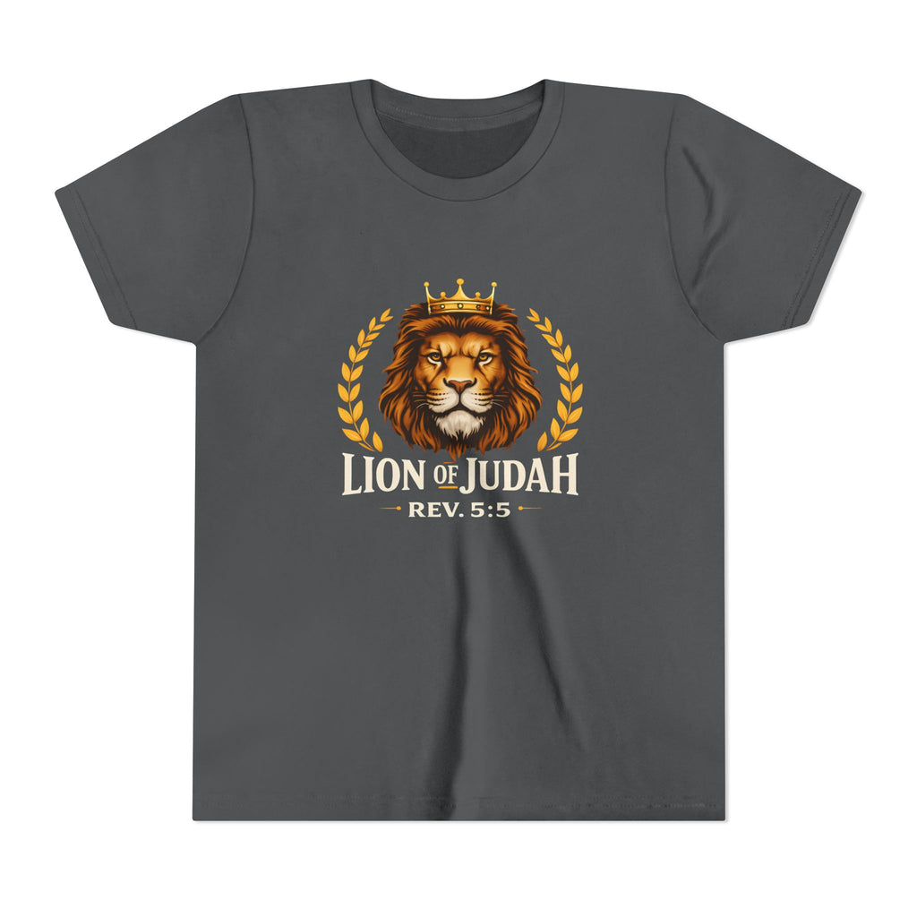Boys Youth T-Shirt — 'Lion of Judah' Crowned Lion Biblical Tee (Rev. 5:5)