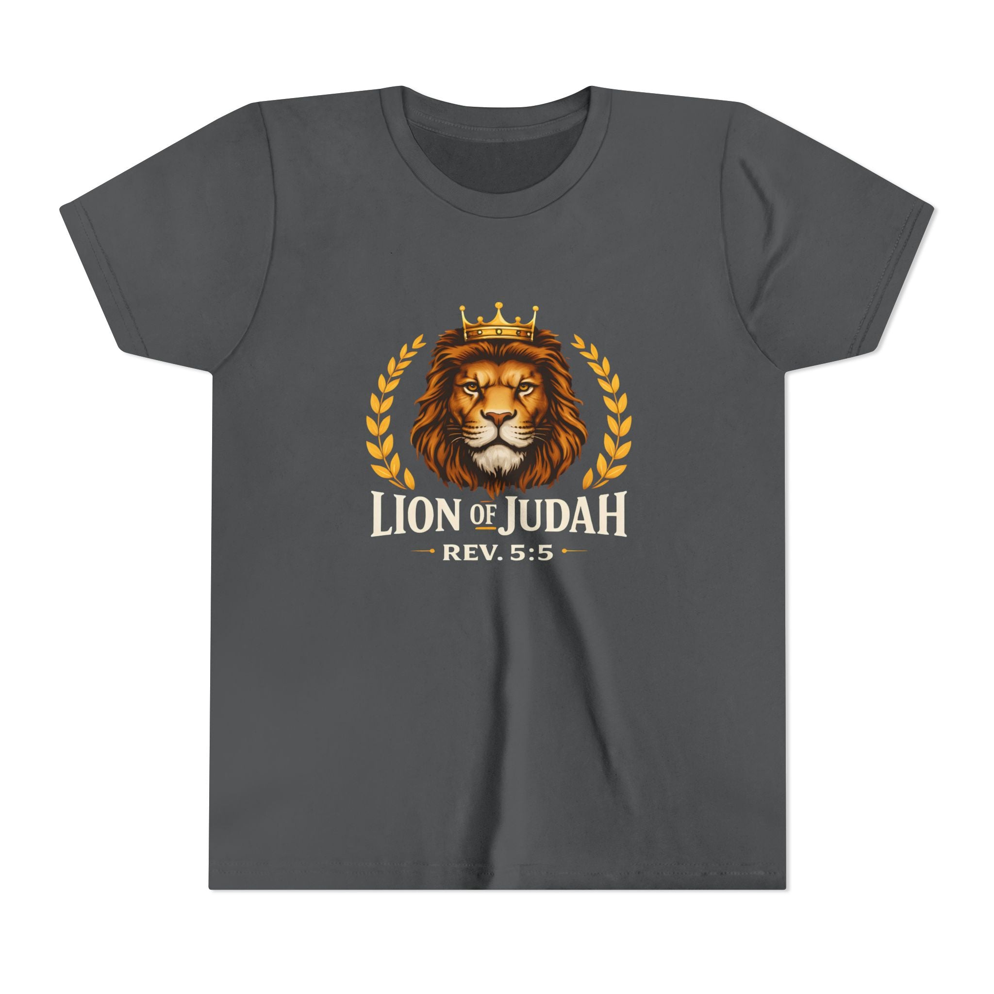 Boys Youth T-Shirt — 'Lion of Judah' Crowned Lion Biblical Tee (Rev. 5:5)