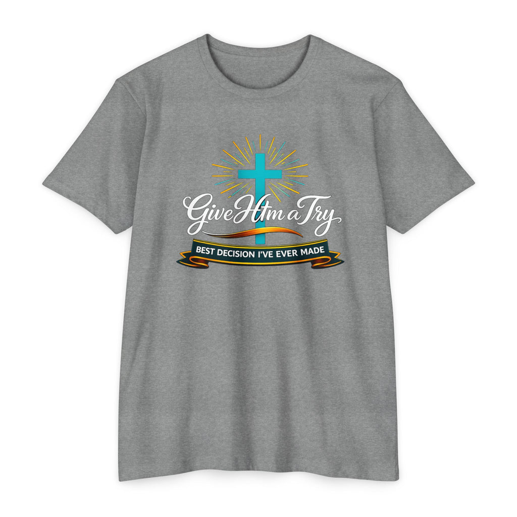 Womens Give Him a Try cross design T-Shirt | Christian faith shirt
