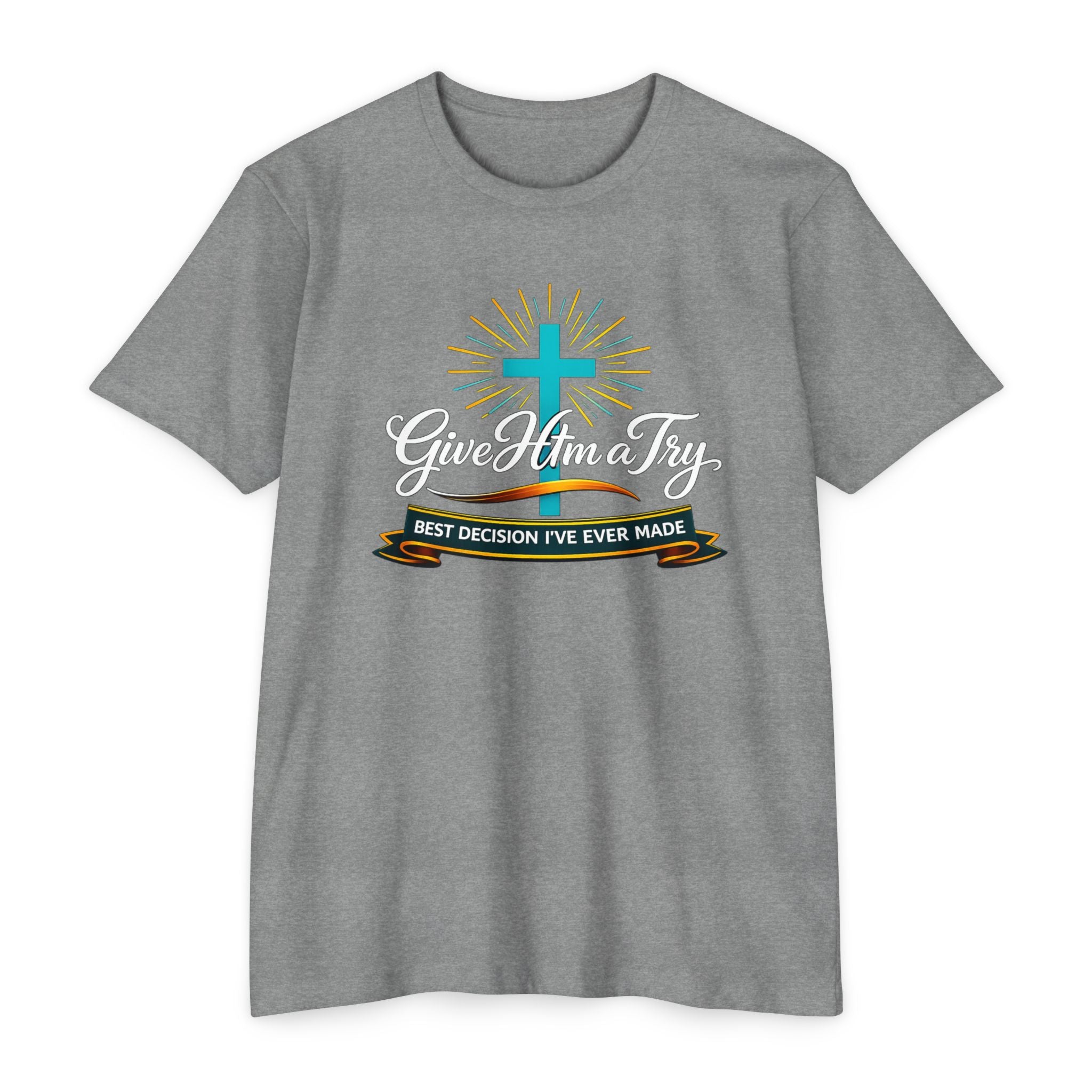 Womens Give Him a Try cross design T-Shirt | Christian faith shirt