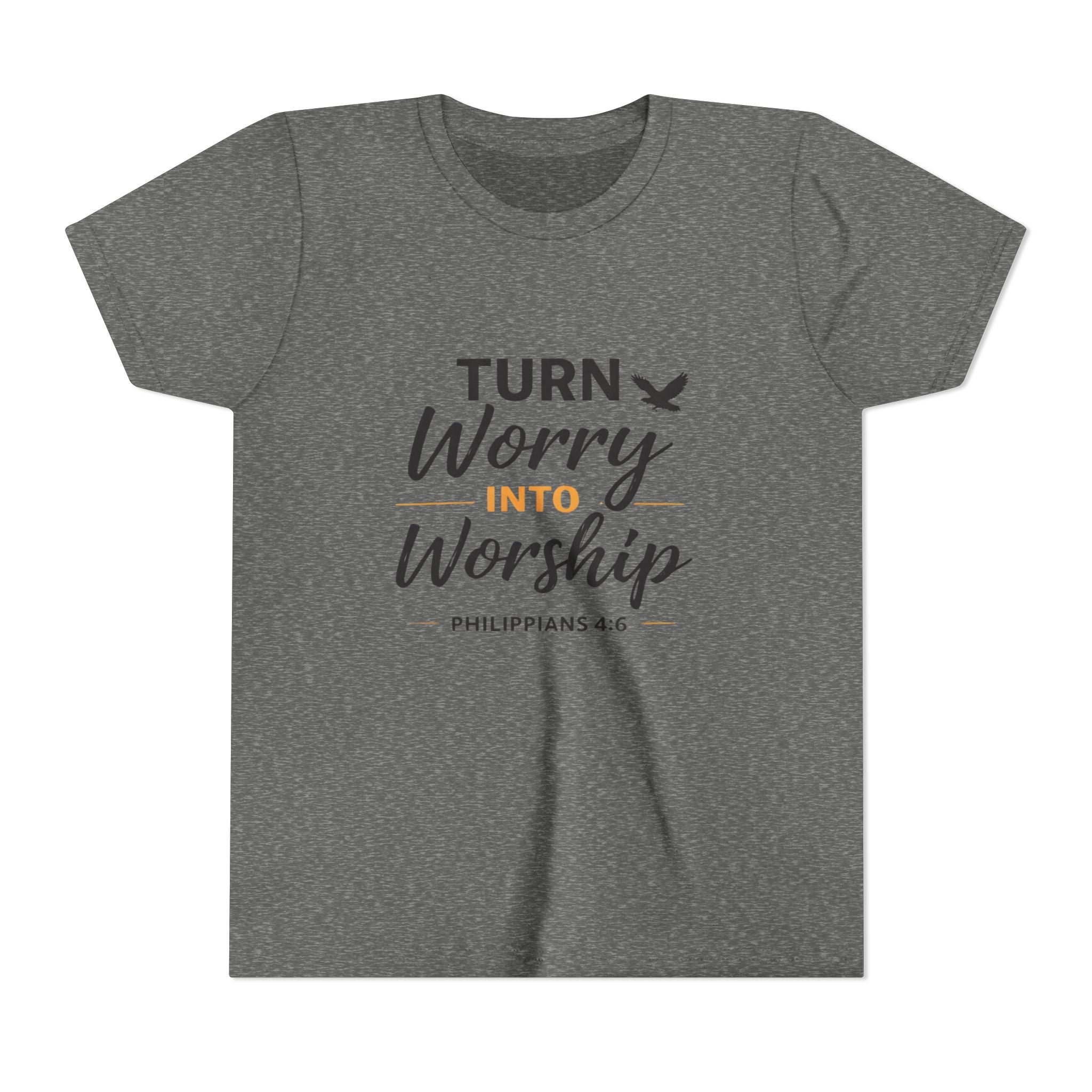 Girls Youth Tee - "Turn Worry Into Worship" Philippians 4:6 Christian Kids Shirt