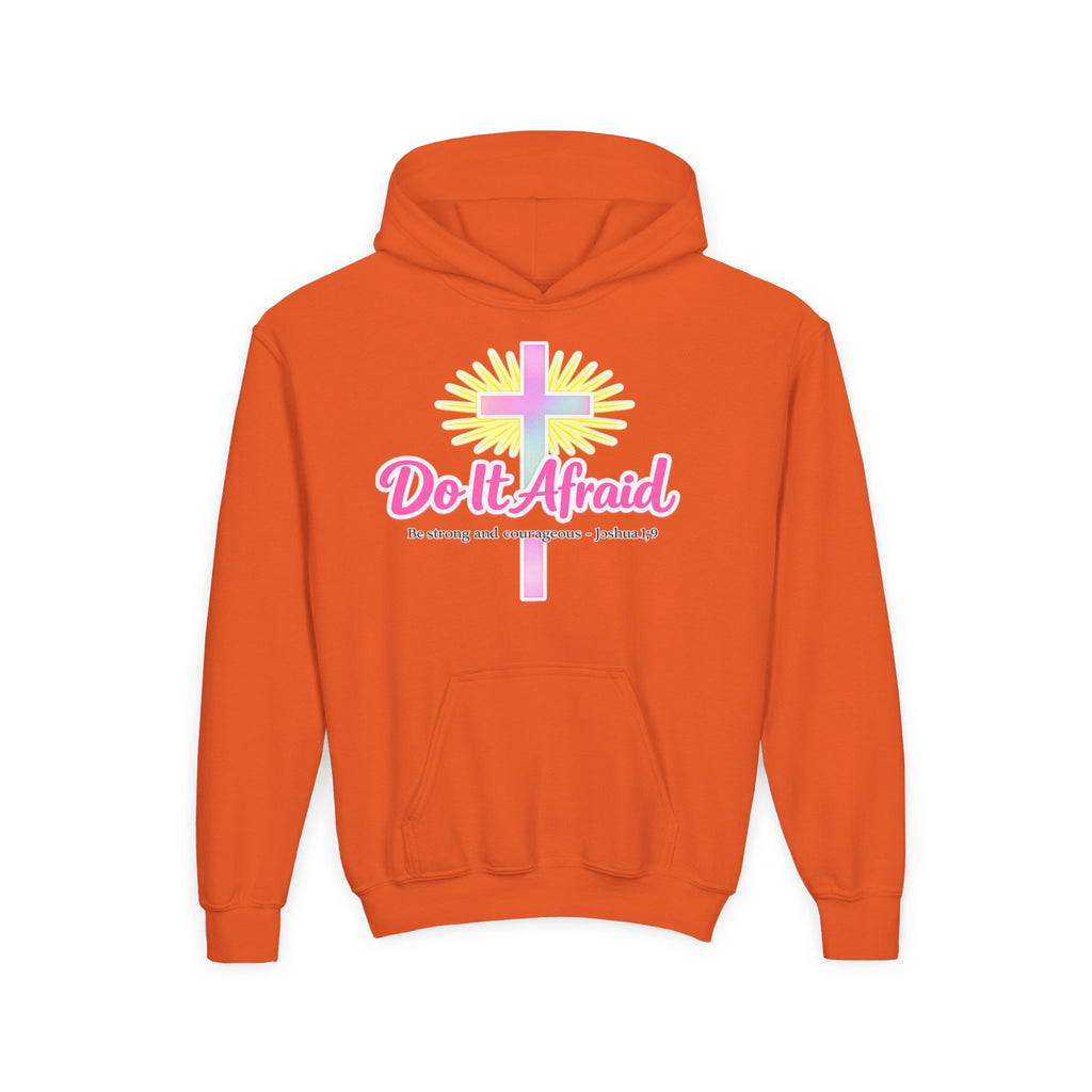 Youth Hoodie — "Do It Afraid" Christian Cross Inspirational Sweatshirt (Joshua 1:9)