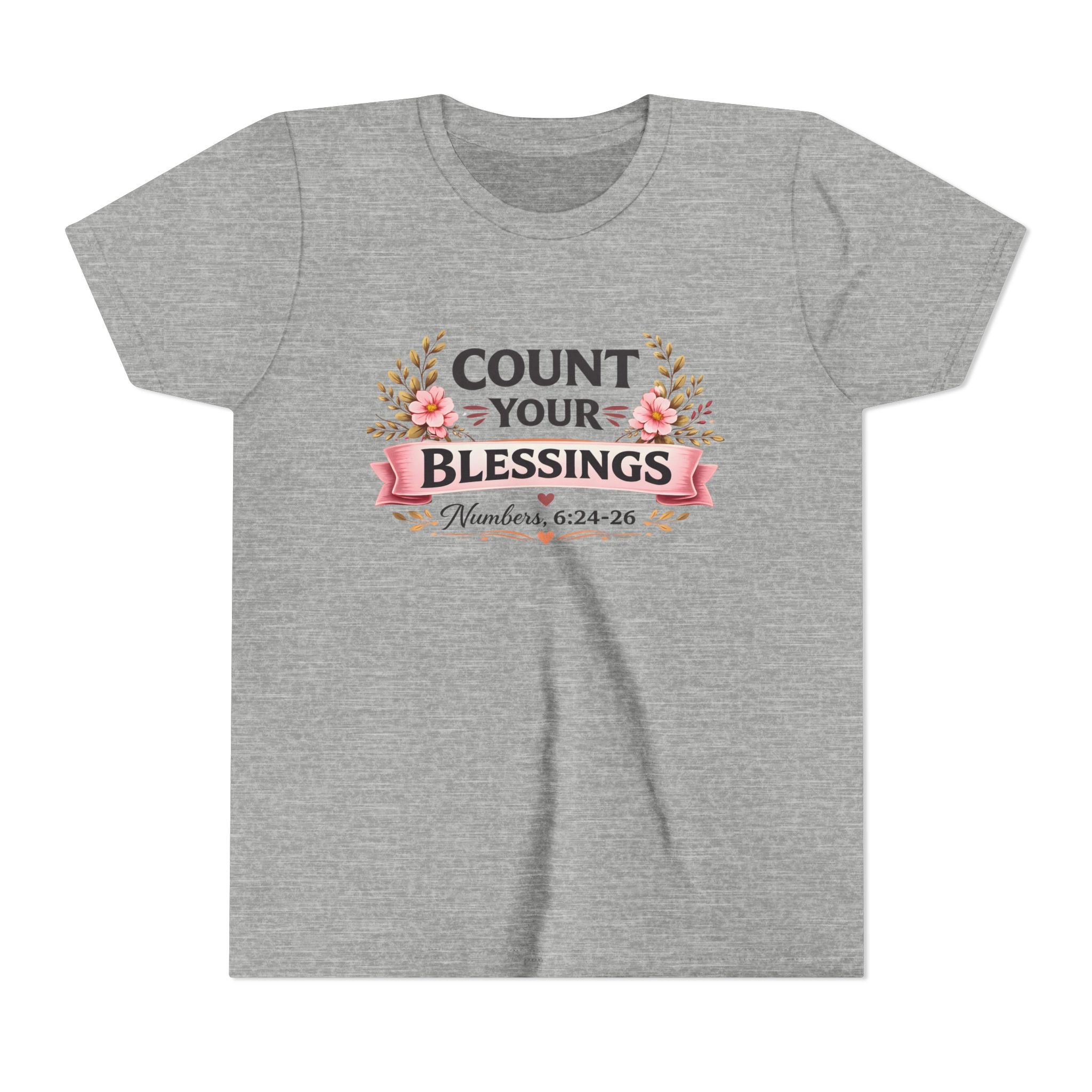 Girls Youth Tee - "Count Your Blessings" Floral Scripture Kids Shirt (Numbers 6:24-26)