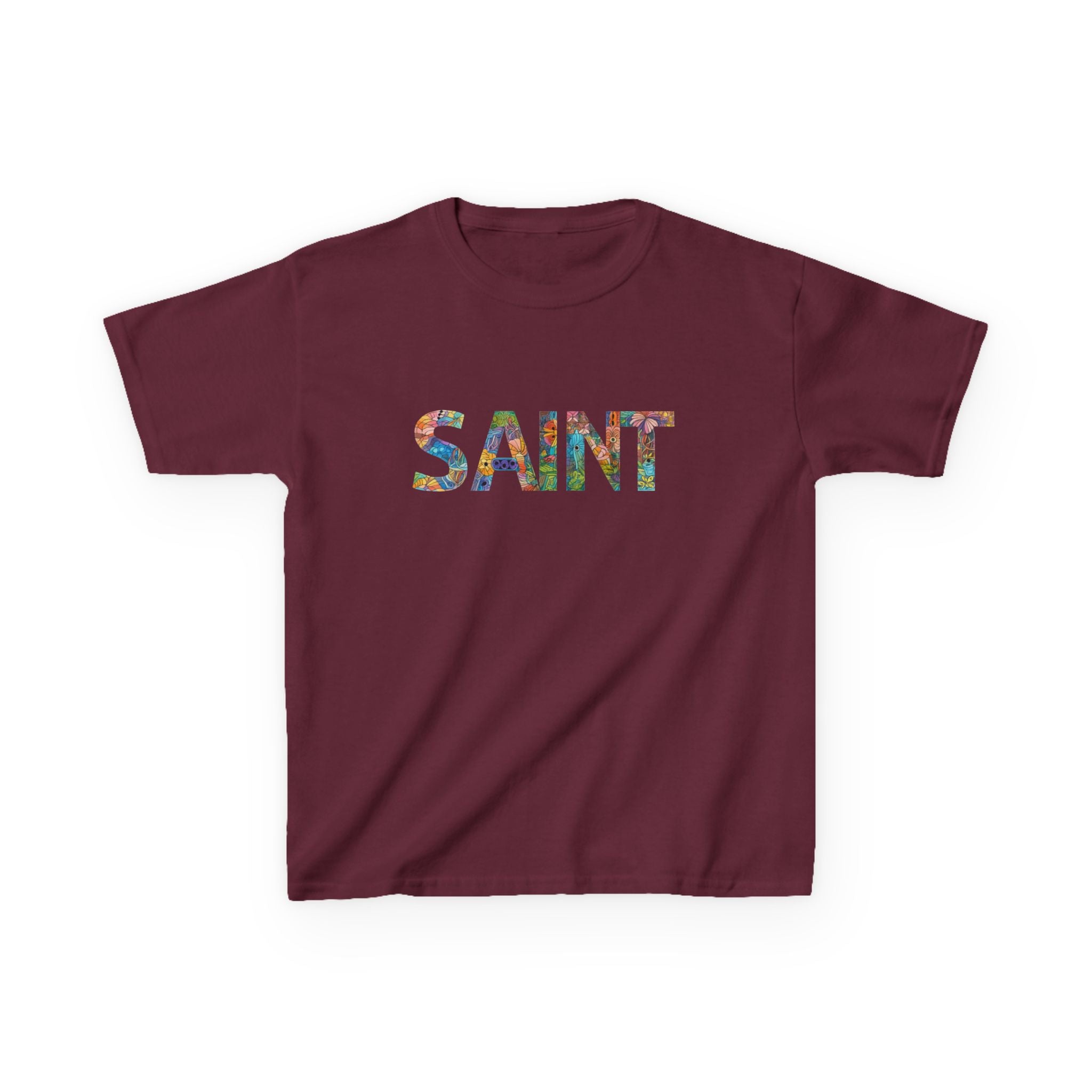 Girls Saint Kids T‑Shirt — Colorful Patterned Lettering Tee for Children