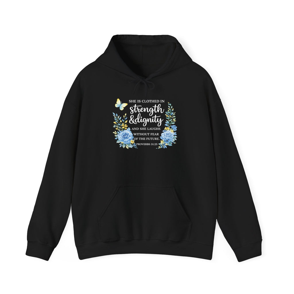 Womens Inspirational Floral Hoodie — "Strength & Dignity" Scripture Sweatshirt