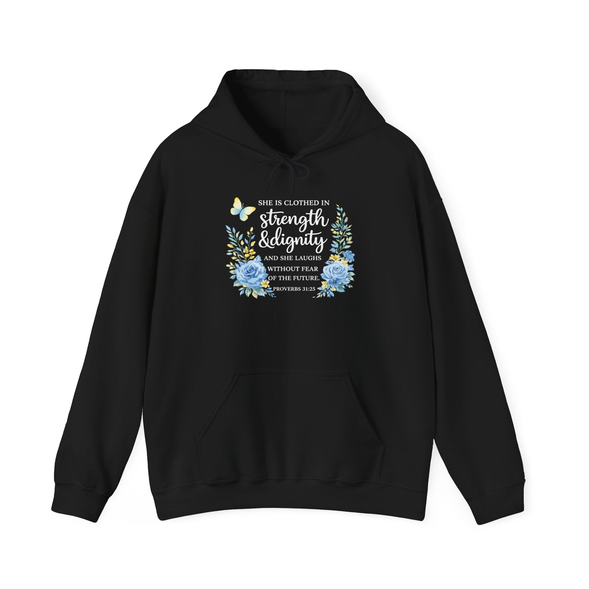 Womens Inspirational Floral Hoodie — "Strength & Dignity" Scripture Sweatshirt