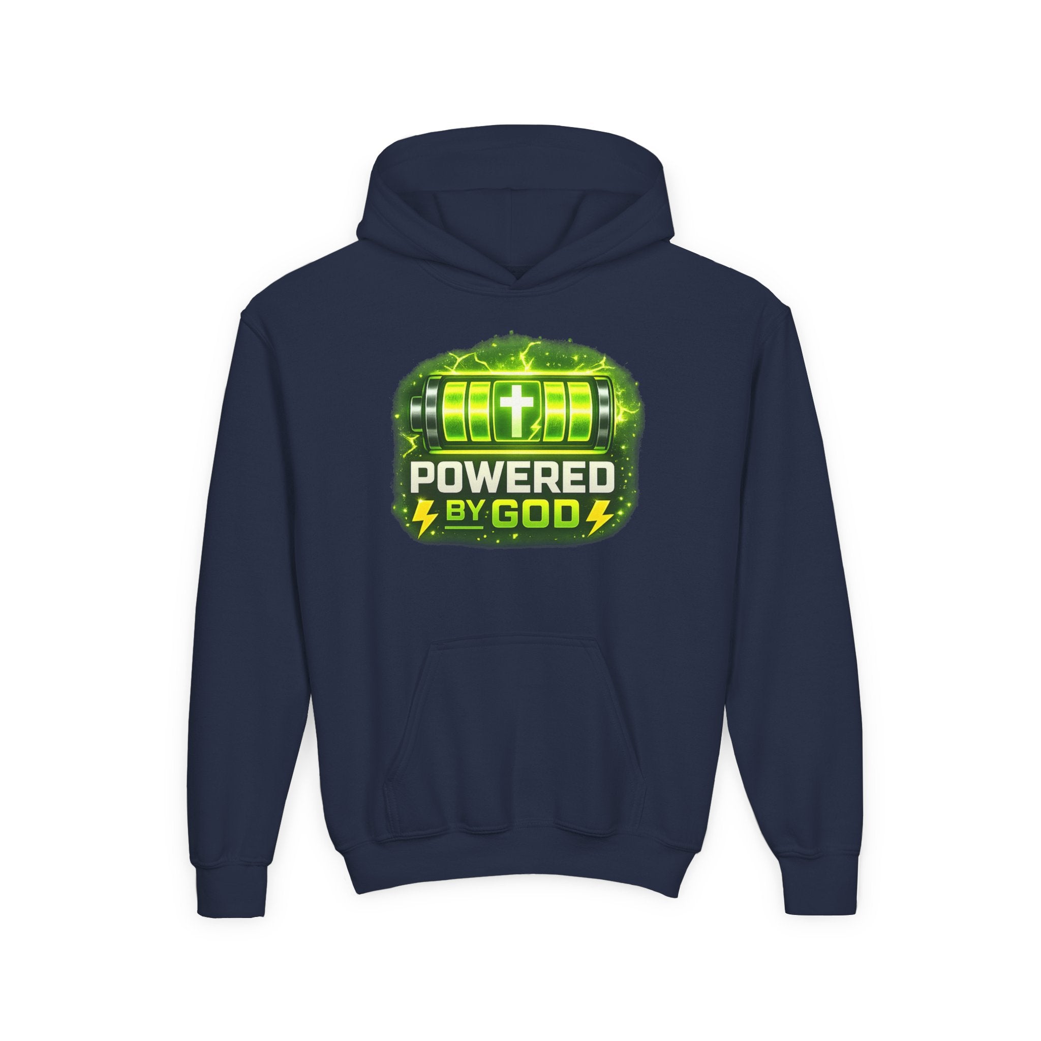 Youth Hoodie — "Powered by God" Green Battery Christian Sweatshirt