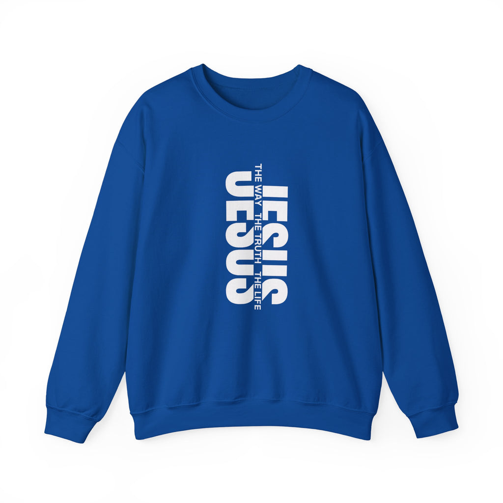 Womens Jesus Vertical Text Crewneck Sweatshirt — The Lamb Is Alive Christian Pullover