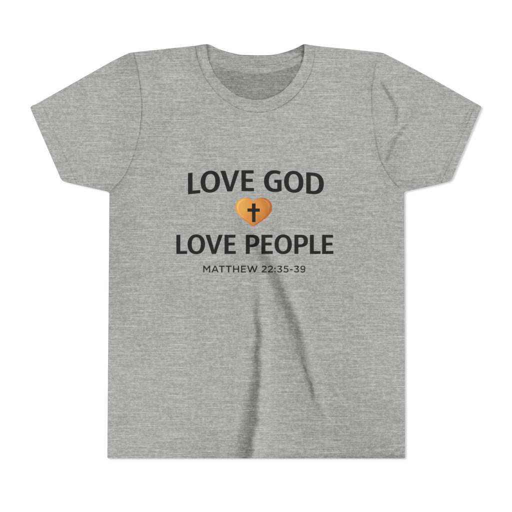 Boys Youth Tee — "Love God Love People" Bible Verse Matthew 22:37-39 Christian Kids Shirt