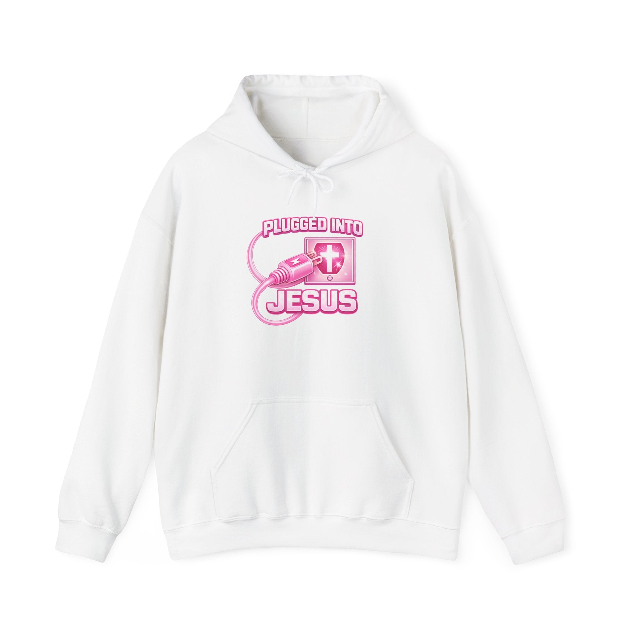 Plugged Into Jesus Hoodie — Pink Christian Faith Graphic Sweatshirt