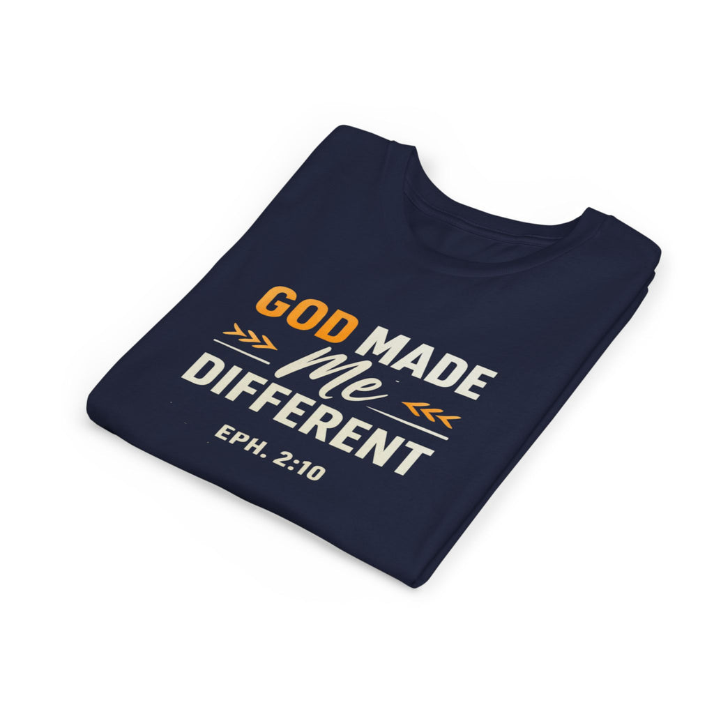 Girls Youth Tee – "God Made Me Different" Christian Kids T‑Shirt (Eph. 2:10)