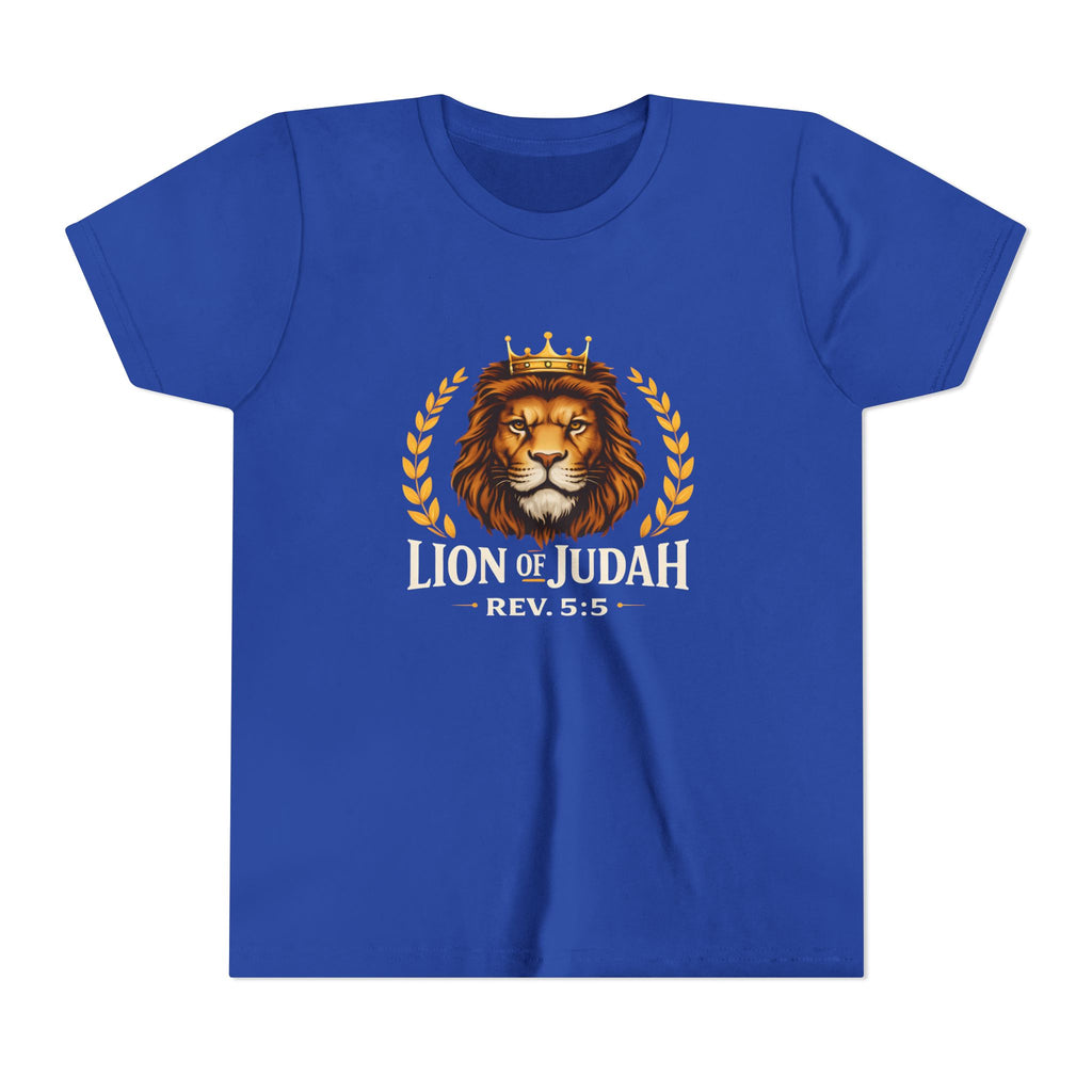 Boys Youth T-Shirt — 'Lion of Judah' Crowned Lion Biblical Tee (Rev. 5:5)