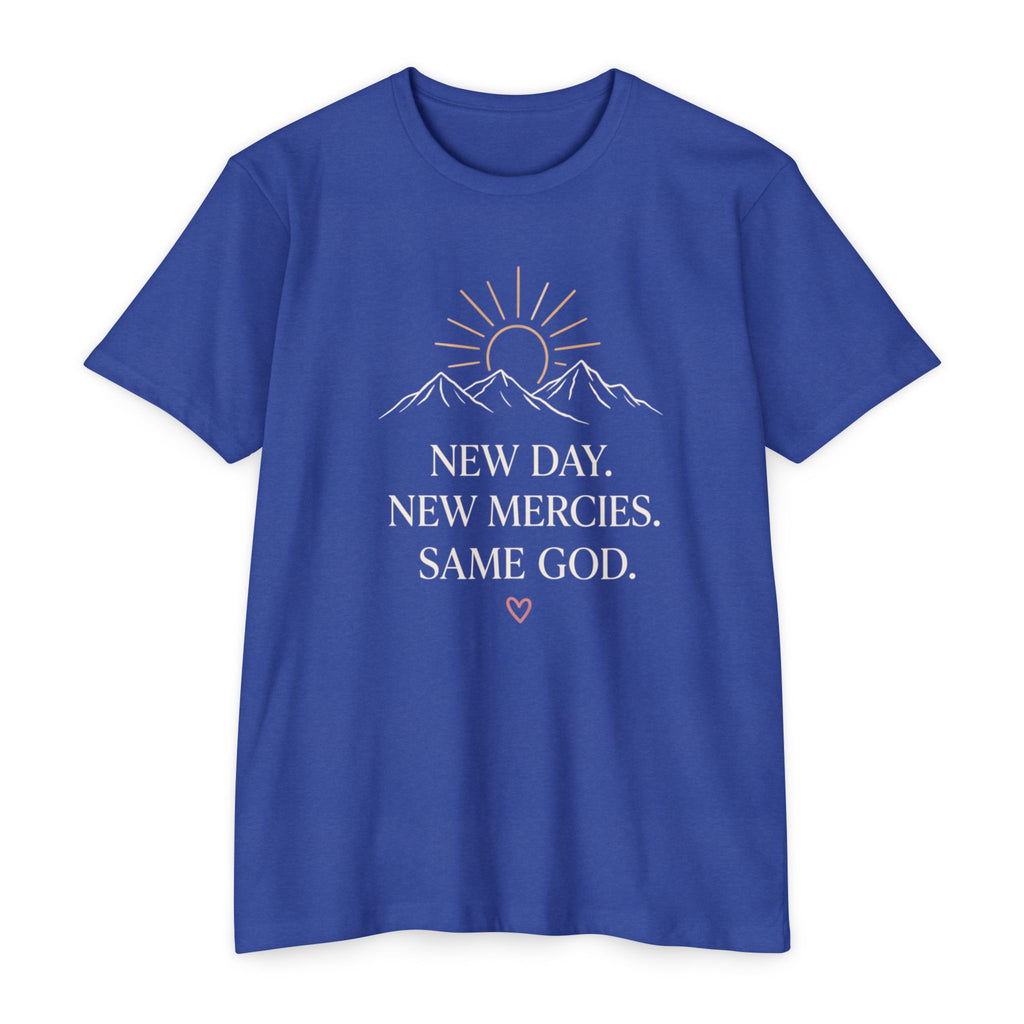 New Day. New Mercies. Same God." Sunrise Mountain Christian Tee