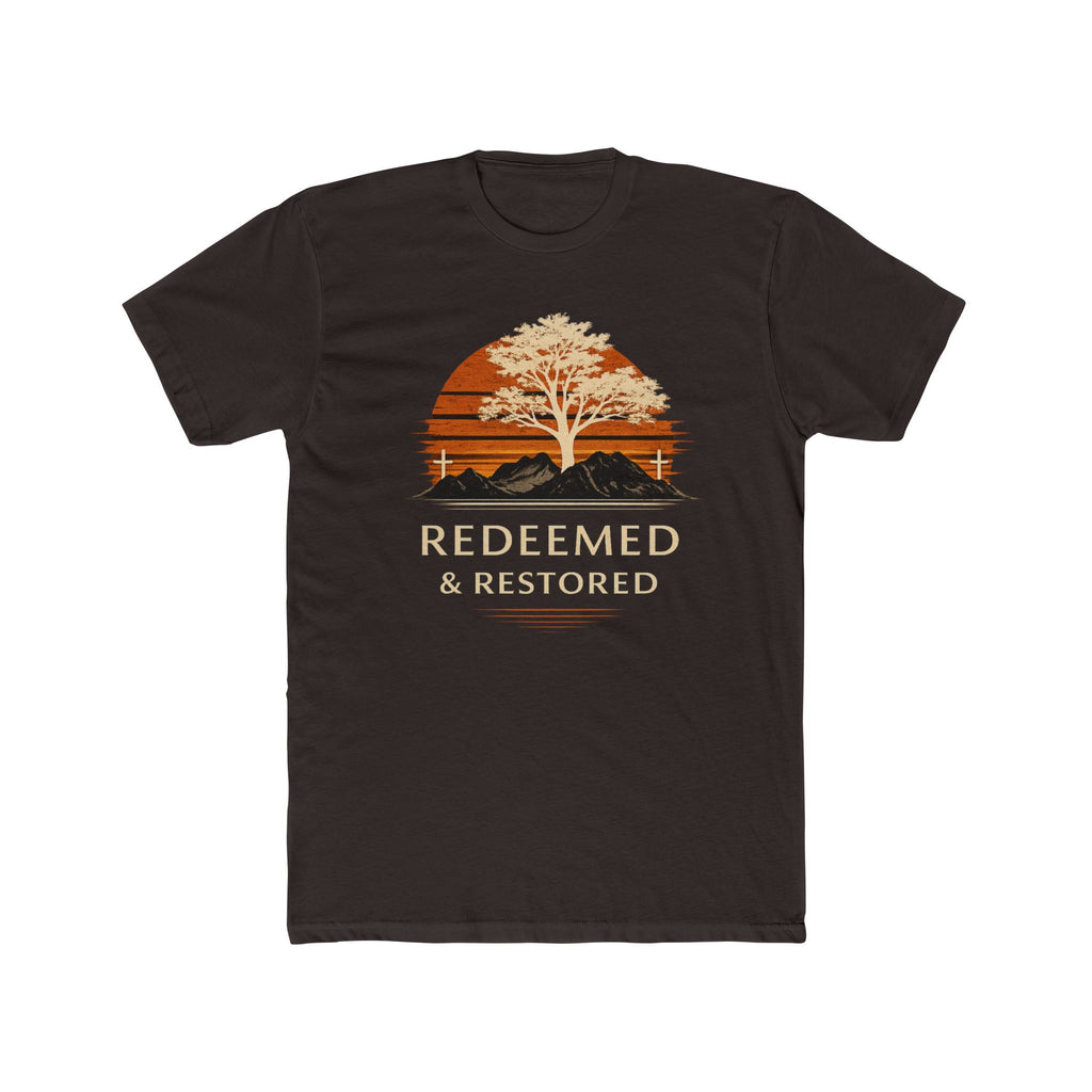 Redeemed & Restored Tee — Faith-Inspired Tree Sunset Graphic T-Shirt