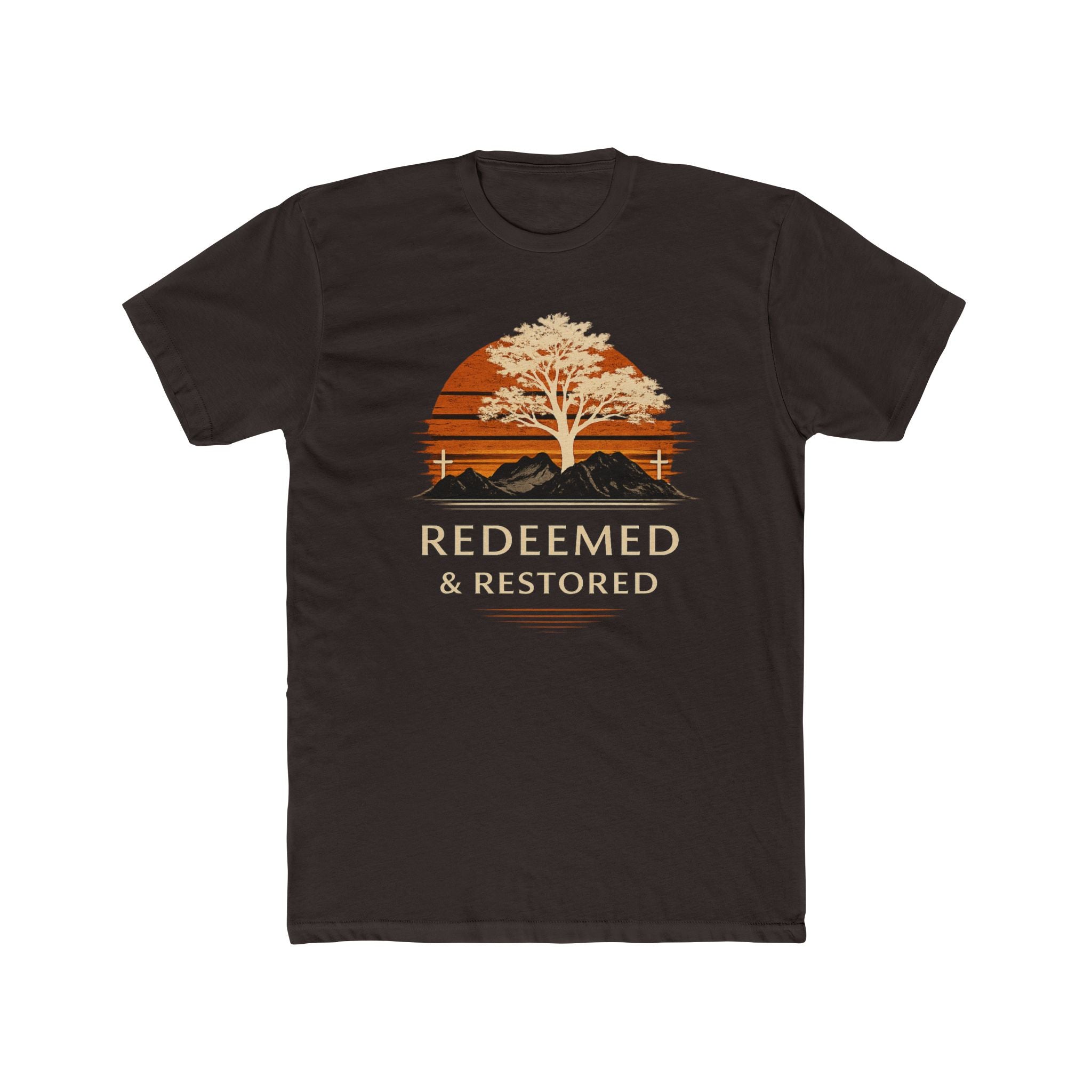 Redeemed & Restored Tee — Faith-Inspired Tree Sunset Graphic T-Shirt