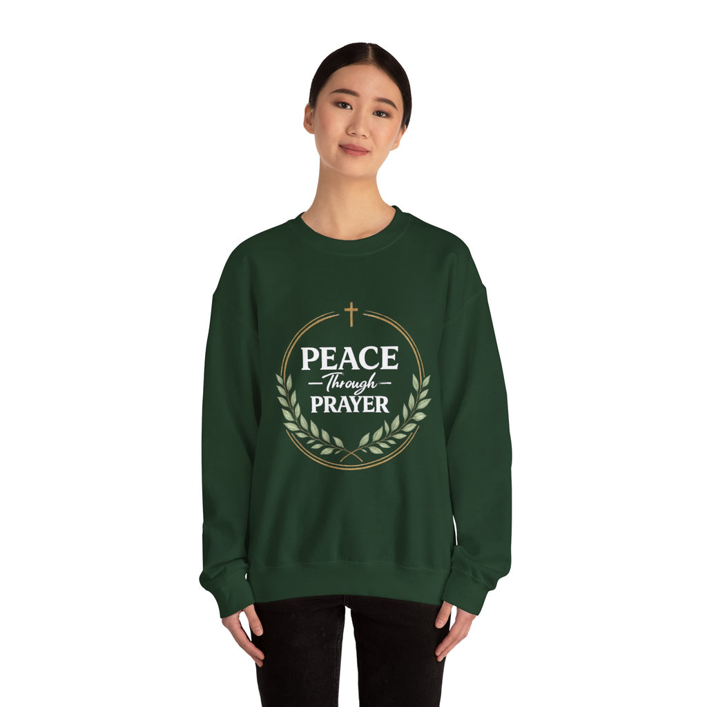 Womens Peace Through Prayer Crewneck Sweatshirt — Christian Faith Graphic Sweatshirt