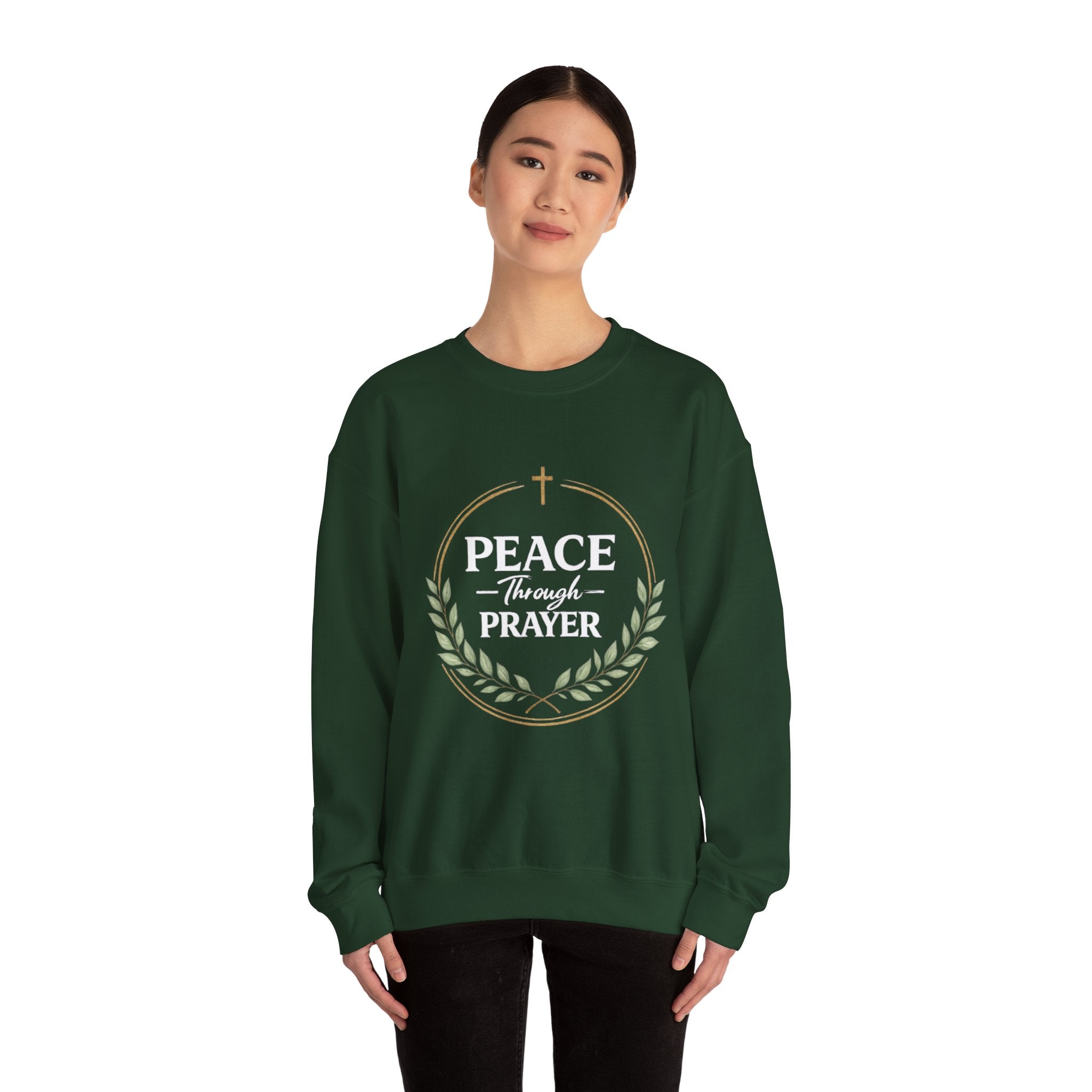 Womens Peace Through Prayer Crewneck Sweatshirt — Christian Faith Graphic Sweatshirt