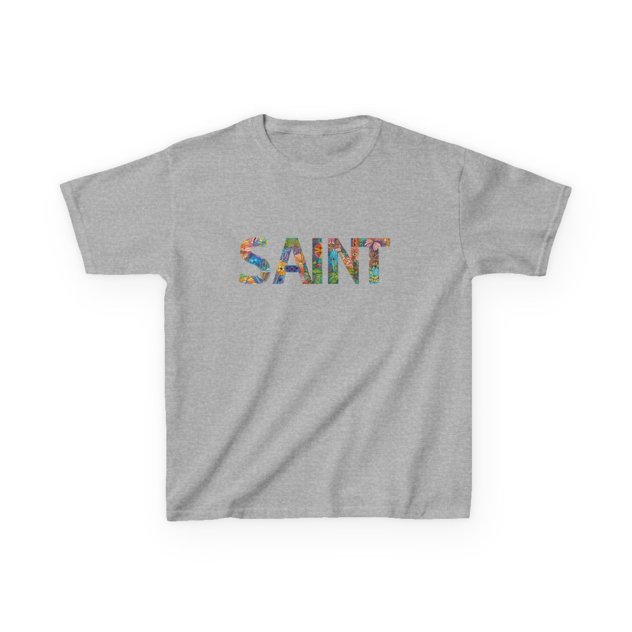 Girls Saint Kids T‑Shirt — Colorful Patterned Lettering Tee for Children