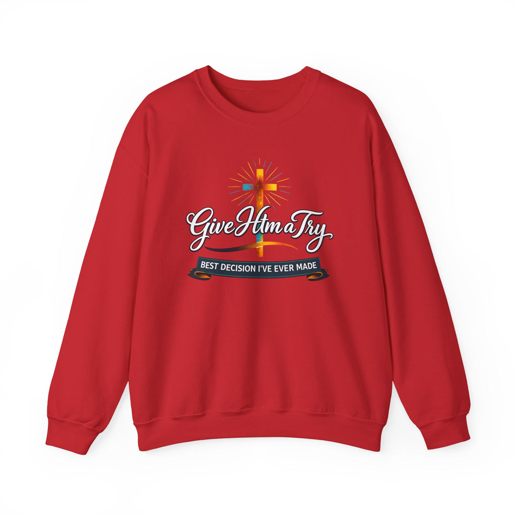 Womens Christian Crewneck Sweatshirt — "Give Him a Try" Faith Cross Design
