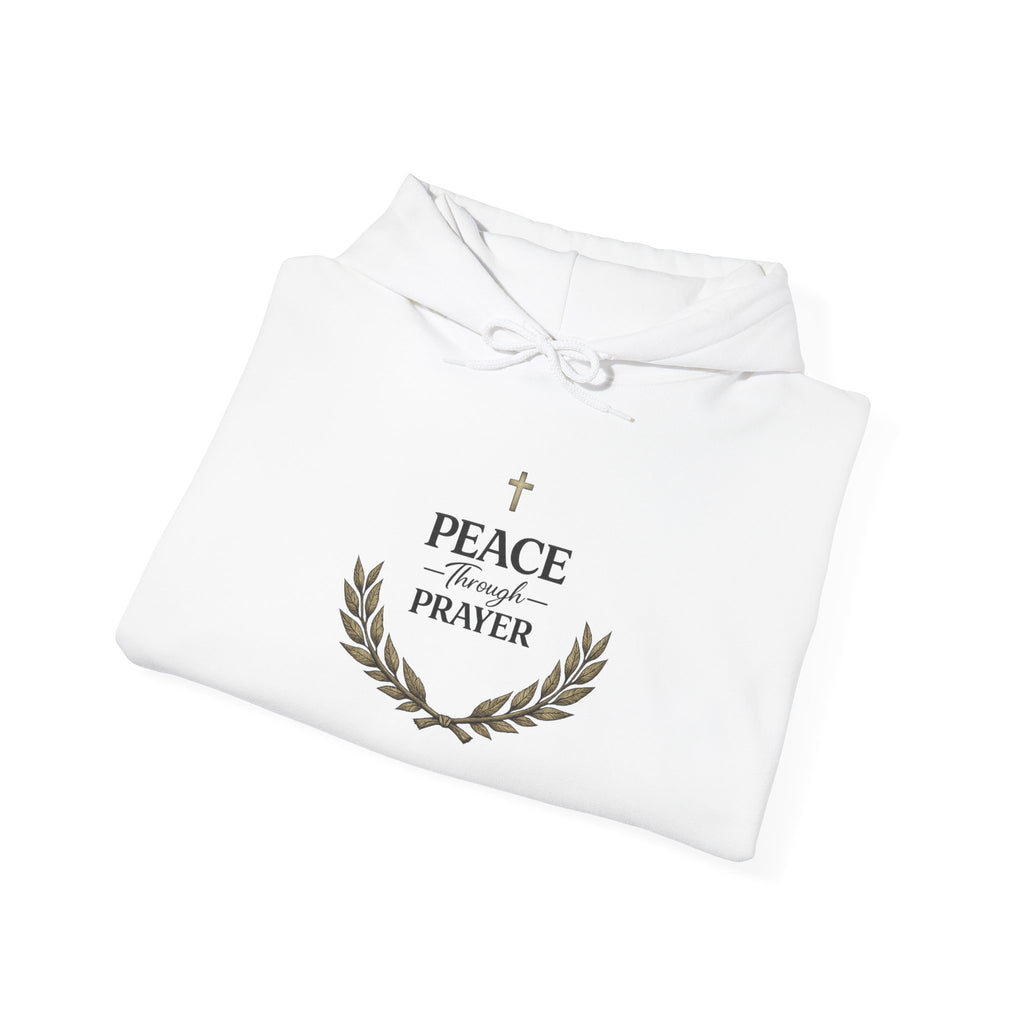 Mens Hoodie "Peace Through Prayer" Religious Laurel Cross Hoodie