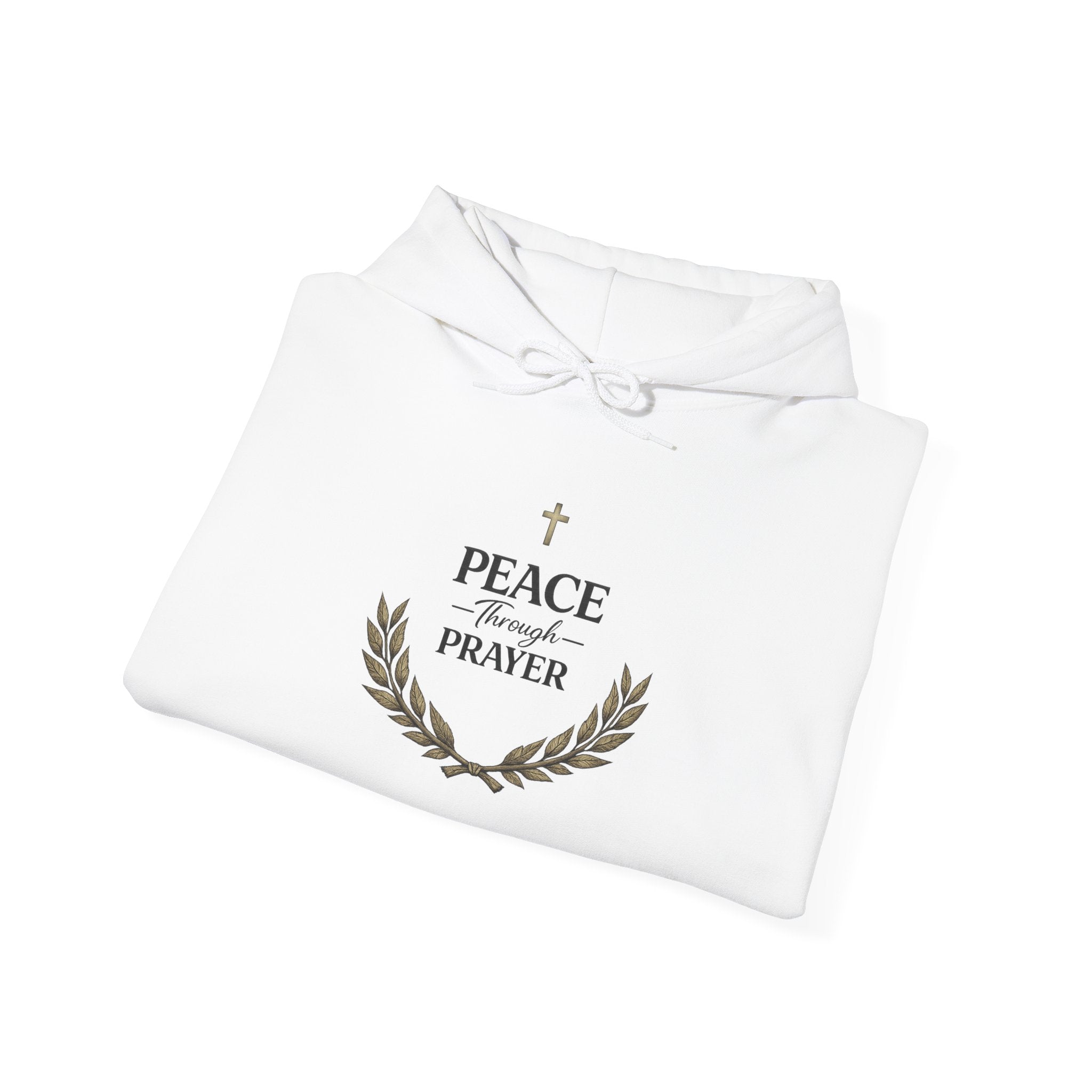 Mens Hoodie "Peace Through Prayer" Religious Laurel Cross Hoodie