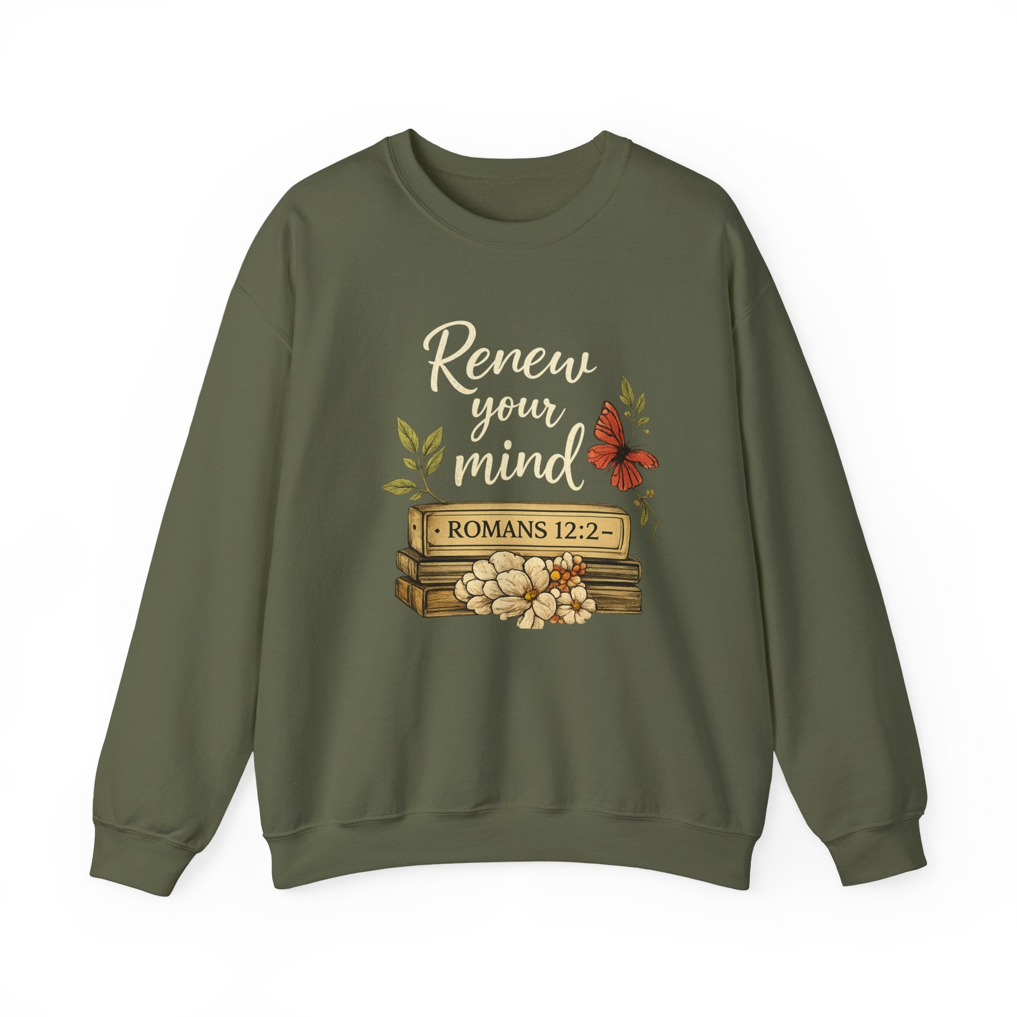 Womens Crewneck Sweatshirt - "Renew Your Mind" Romans 12:2 Floral Christian Pullover