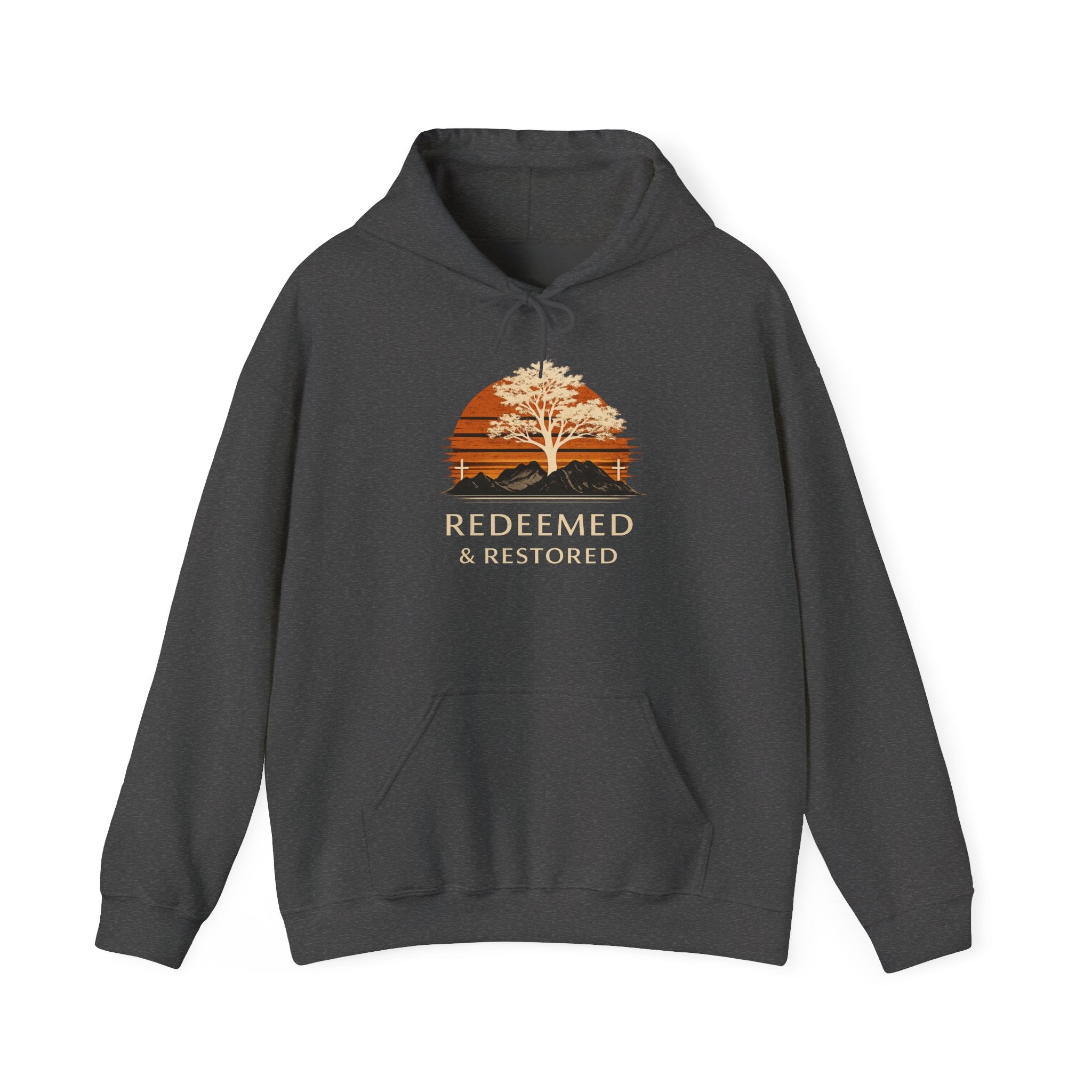 Mens Redeemed & Restored Hoodie — Inspirational Christian Tree Sunset Pullover