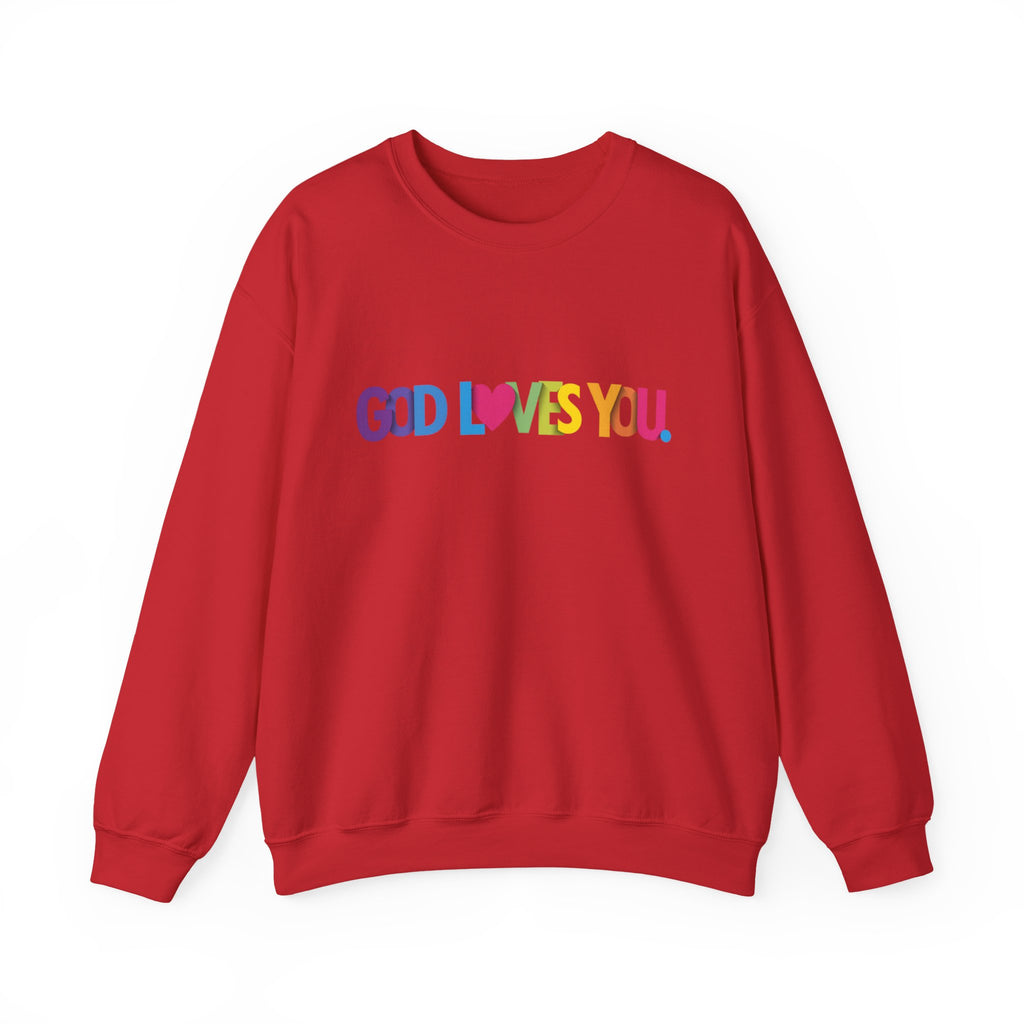 God Loves You Crewneck Sweatshirt — Rainbow Faith Graphic