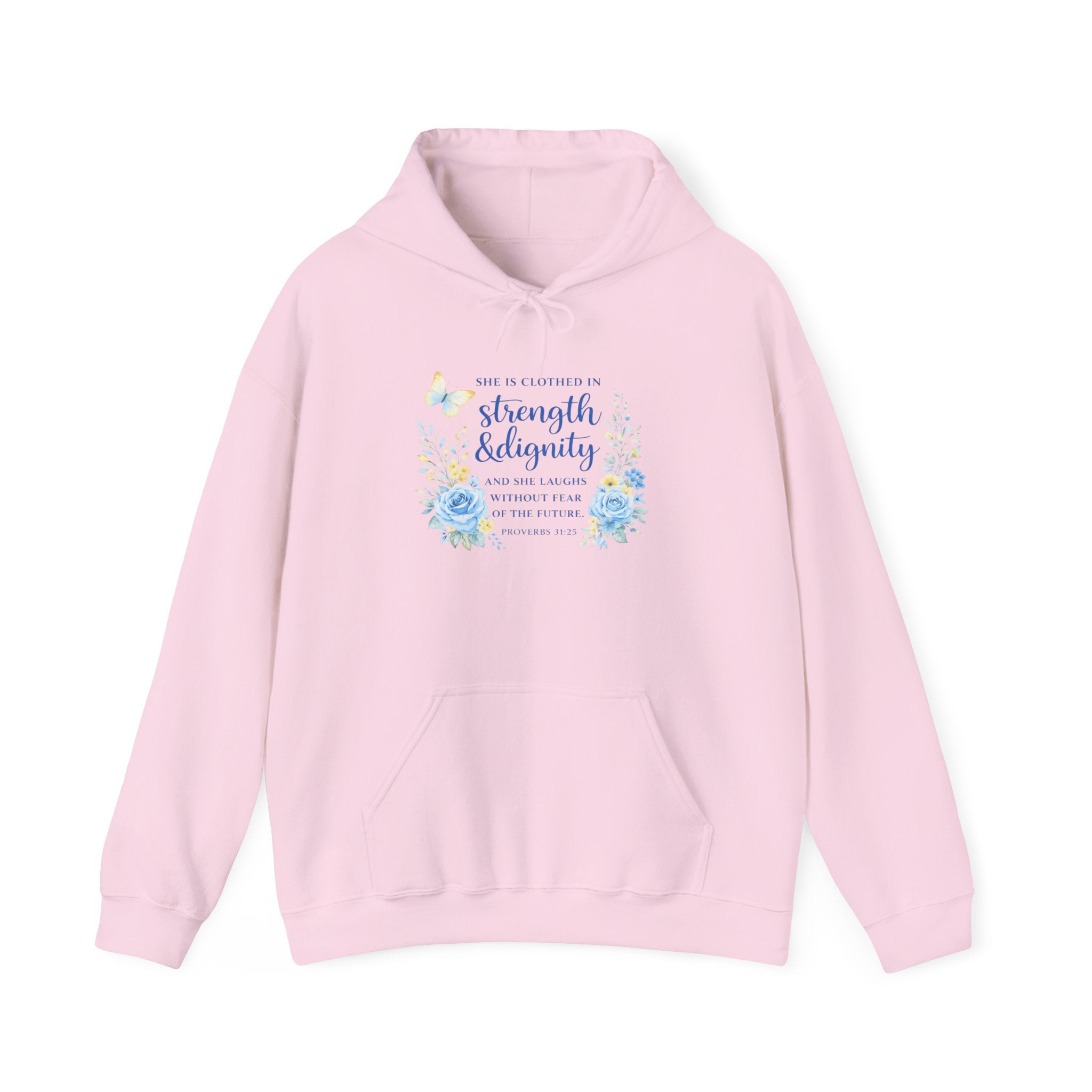 Womens Inspirational Floral Hoodie — "Strength & Dignity" Scripture Sweatshirt
