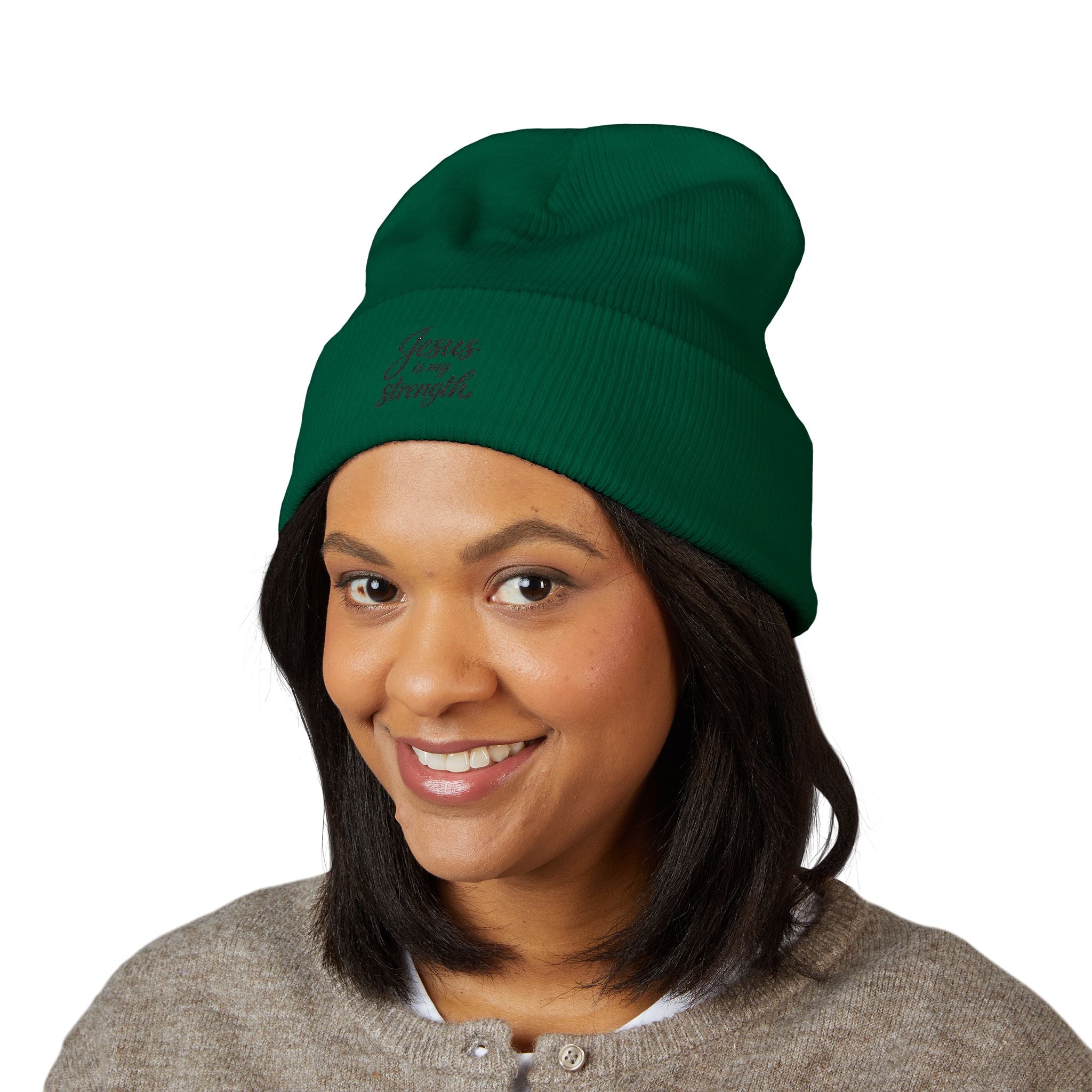 Embroidered 'Jesus Is My Strength' Cuffed Beanie