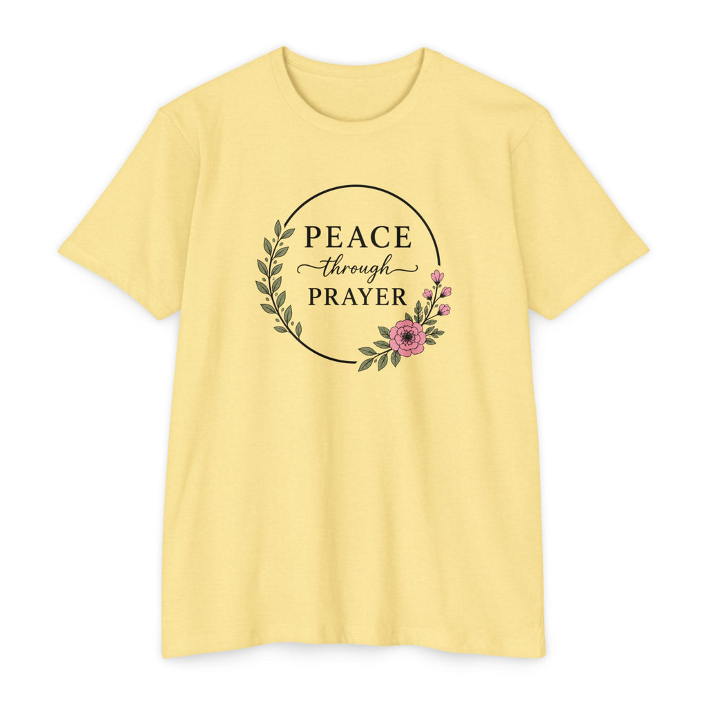 Womens Peace Through Prayer T-Shirt | Christian Faith Cross