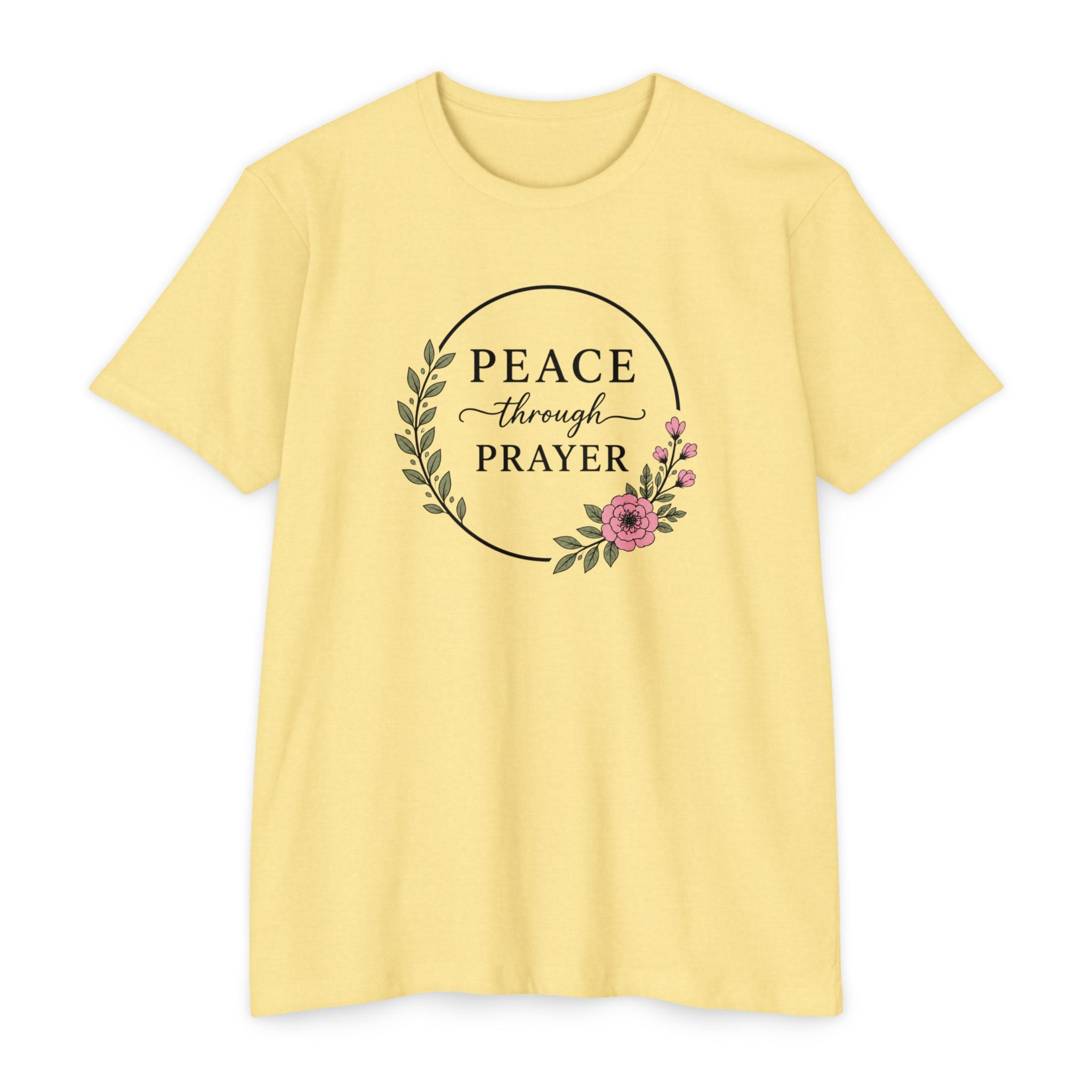 Womens Peace Through Prayer T-Shirt | Christian Faith Cross