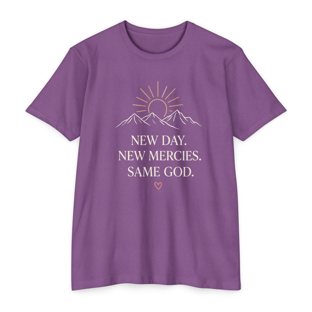 New Day. New Mercies. Same God." Sunrise Mountain Christian Tee