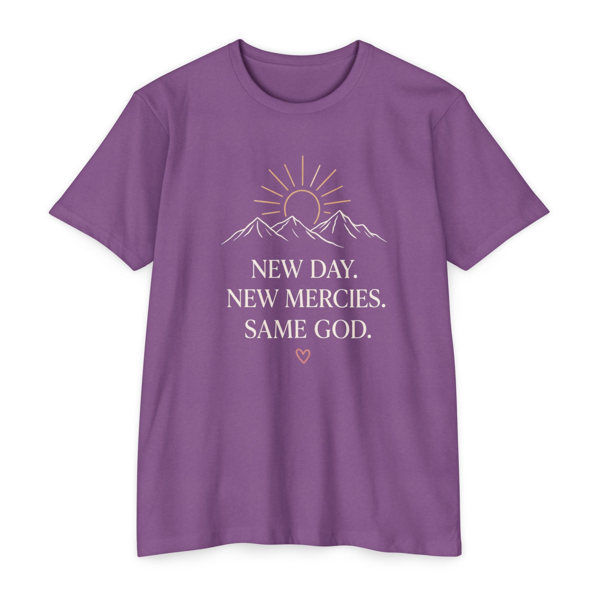 New Day. New Mercies. Same God." Sunrise Mountain Christian Tee