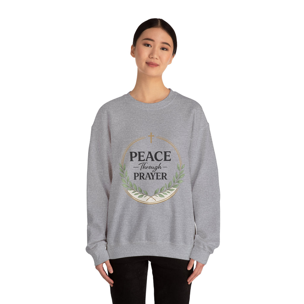Womens Peace Through Prayer Crewneck Sweatshirt — Christian Faith Graphic Sweatshirt