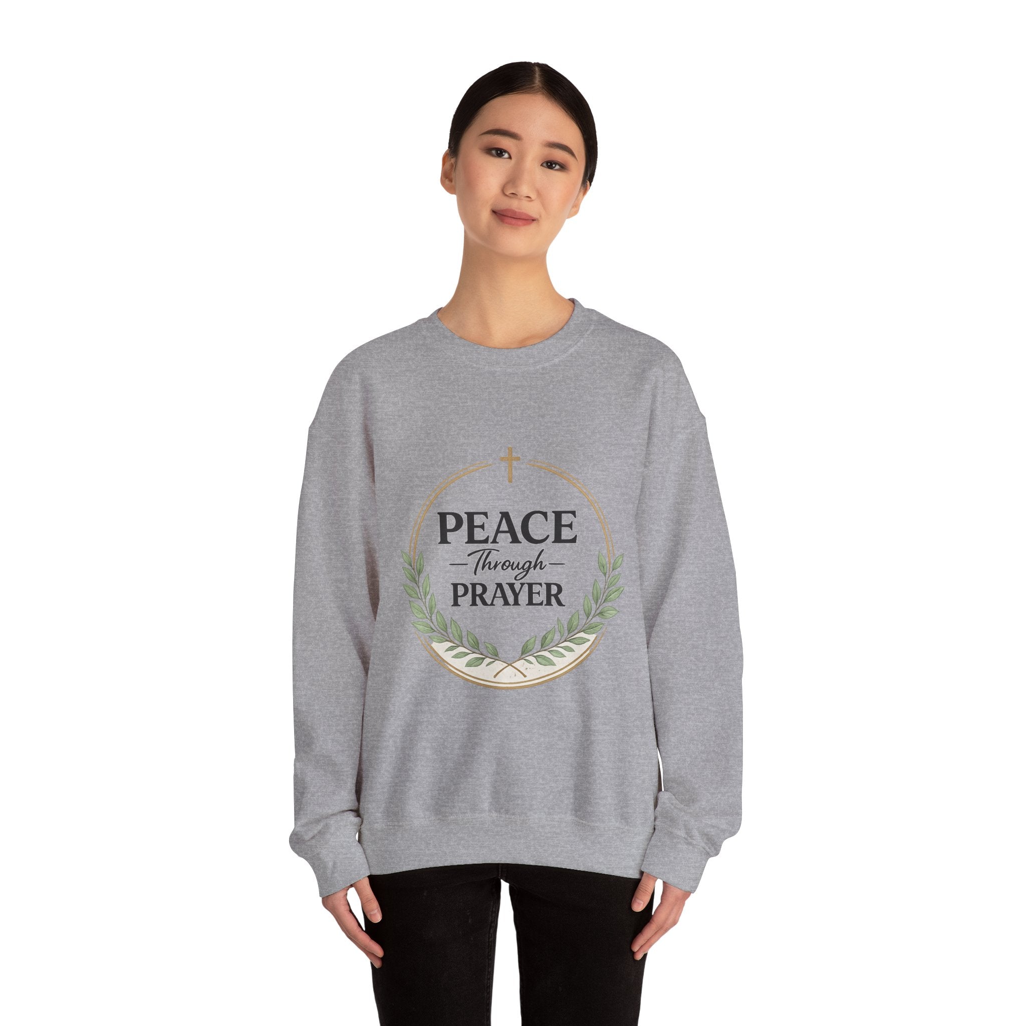 Womens Peace Through Prayer Crewneck Sweatshirt — Christian Faith Graphic Sweatshirt