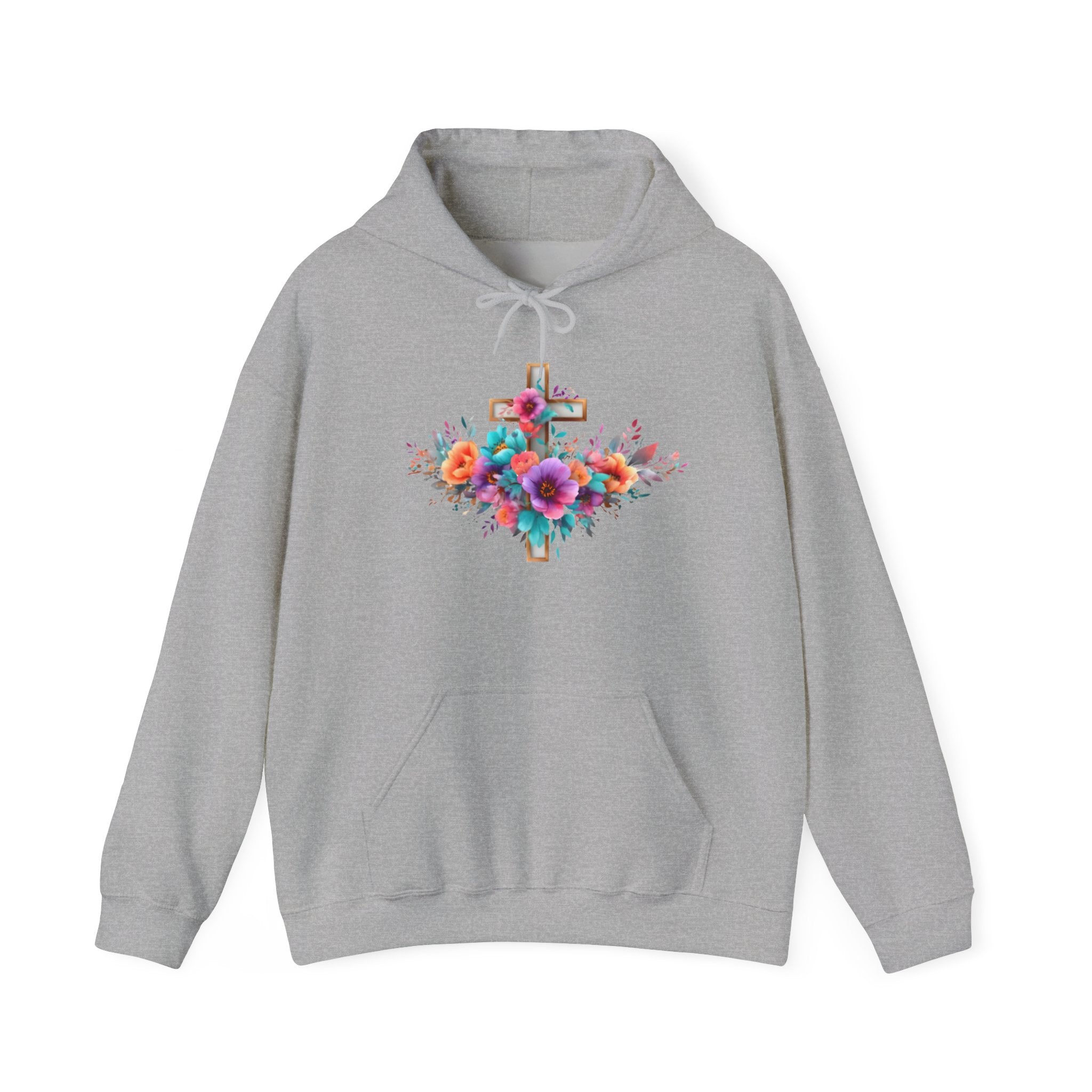Floral Cross Hoodie – Colorful Watercolor Flowers Religious Sweatshirt