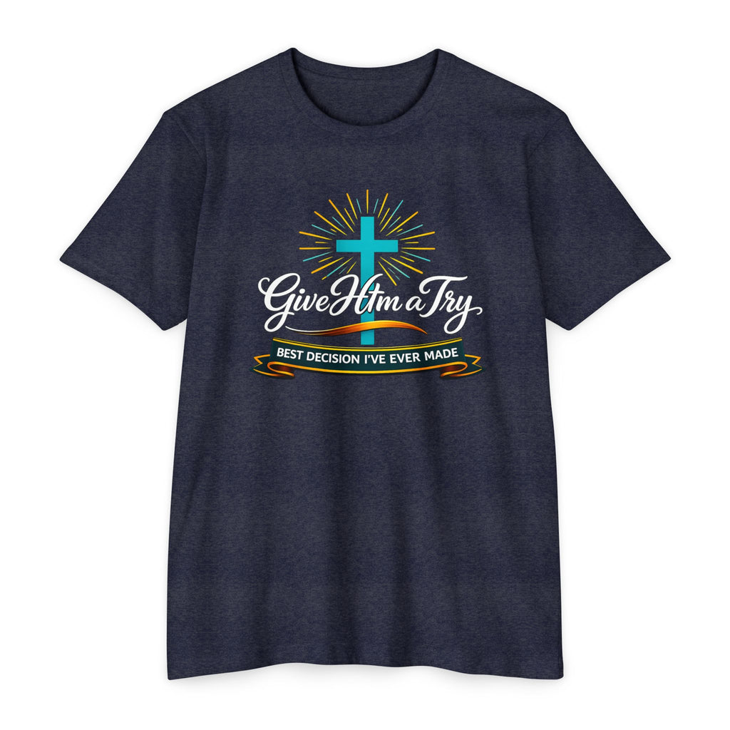 Womens Give Him a Try cross design T-Shirt | Christian faith shirt