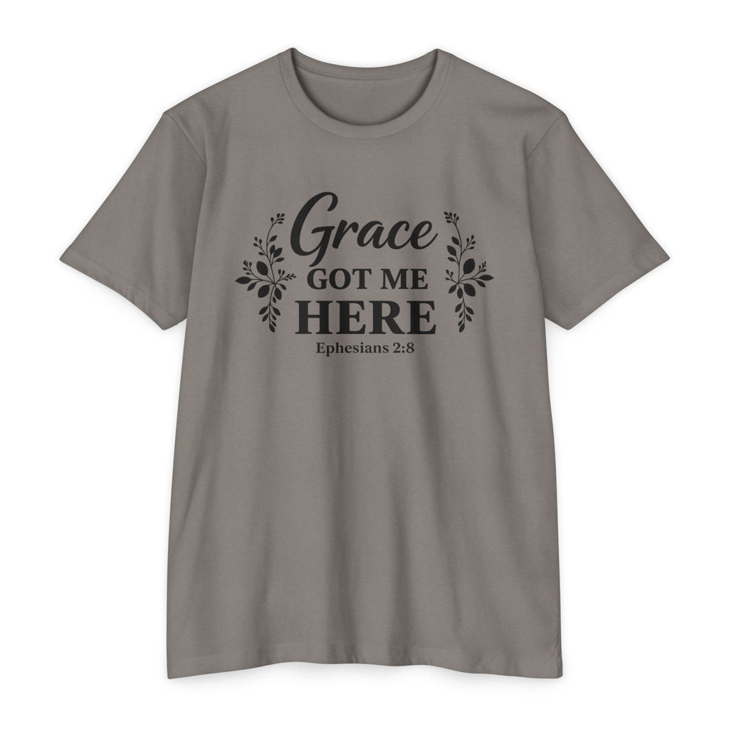 Womens Grace Got Me Here Christian T-Shirt — Ephesians 2:8