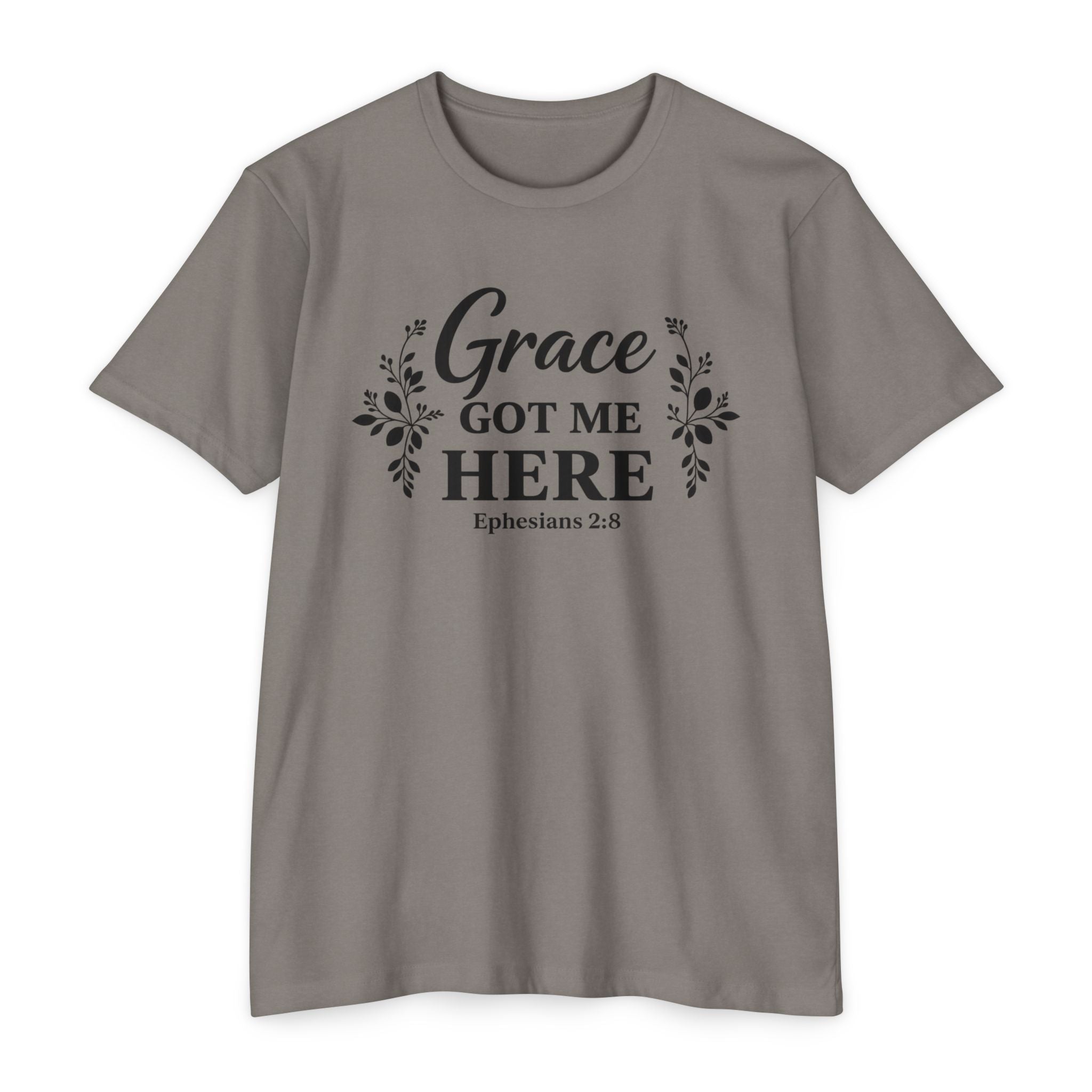 Womens Grace Got Me Here Christian T-Shirt — Ephesians 2:8